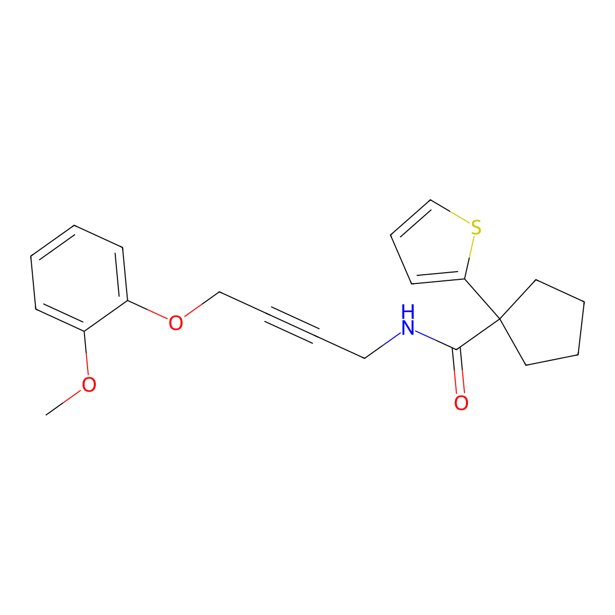 N-(4-(2-methoxyphenoxy)but-2-yn-1-yl)-1-(thiophen-2-yl)cyclopentanecarboxamide molecular structure, CAS 1421512-86-8