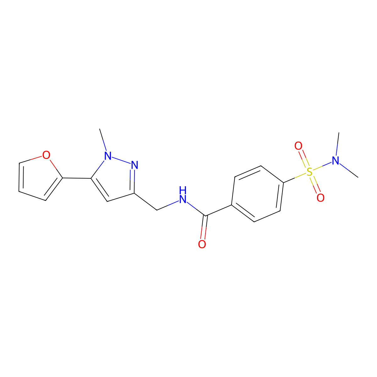4-(N,N-dimethylsulfamoyl)-N-((5-(furan-2-yl)-1-methyl-1H-pyrazol-3-yl)methyl)benzamide molecular structure, CAS 1421512-92-6