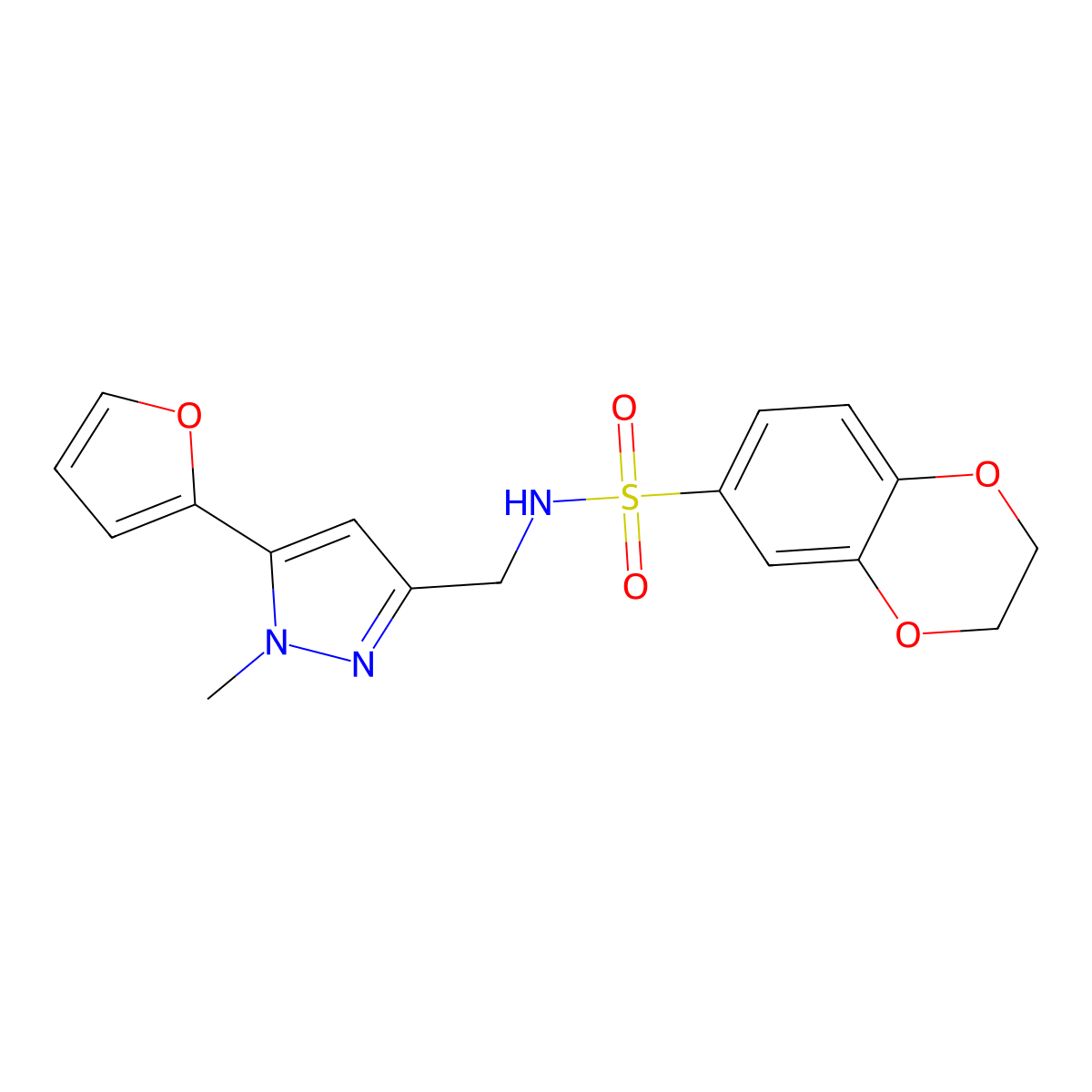 N-((5-(furan-2-yl)-1-methyl-1H-pyrazol-3-yl)methyl)-2,3-dihydrobenzo[b][1,4]dioxine-6-sulfonamide molecular structure, CAS 1421513-00-9