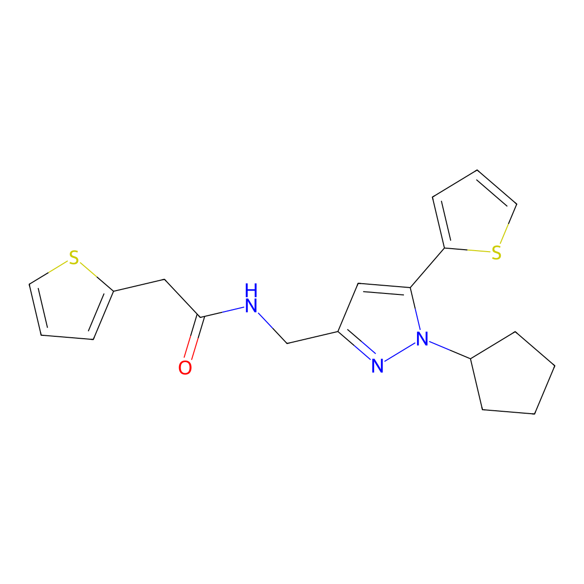 N-{[1-cyclopentyl-5-(thiophen-2-yl)-1H-pyrazol-3-yl]methyl}-2-(thiophen-2-yl)acetamide molecular structure, CAS 1421513-03-2