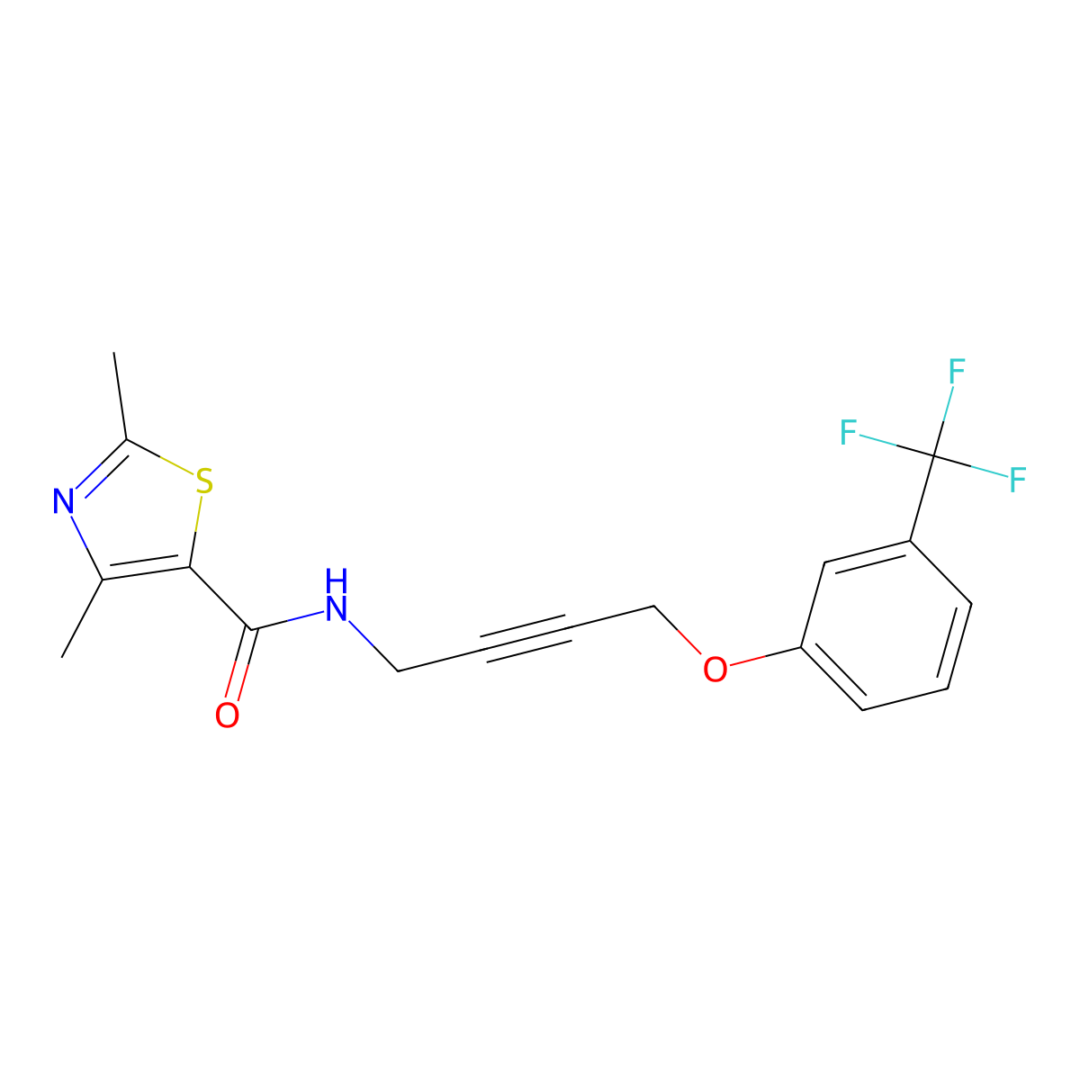 2,4-dimethyl-N-(4-(3-(trifluoromethyl)phenoxy)but-2-yn-1-yl)thiazole-5-carboxamide molecular structure, CAS 1421513-08-7