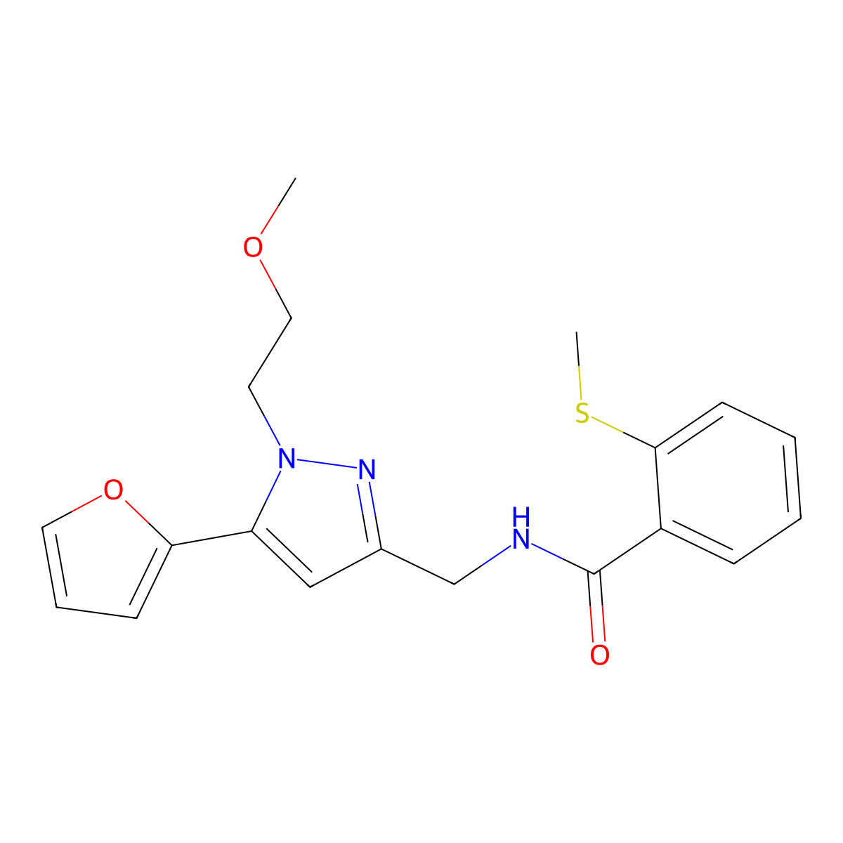 N-((5-(furan-2-yl)-1-(2-methoxyethyl)-1H-pyrazol-3-yl)methyl)-2-(methylthio)benzamide molecular structure, CAS 1421513-14-5