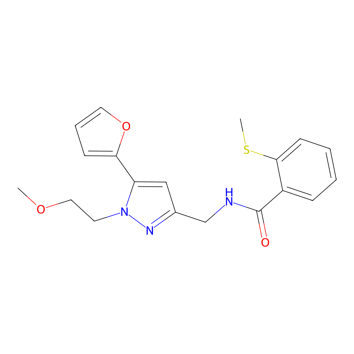 N-((5-(furan-2-yl)-1-(2-methoxyethyl)-1H-pyrazol-3-yl)methyl)-2-(methylthio)benzamide molecular structure, CAS 1421513-14-5