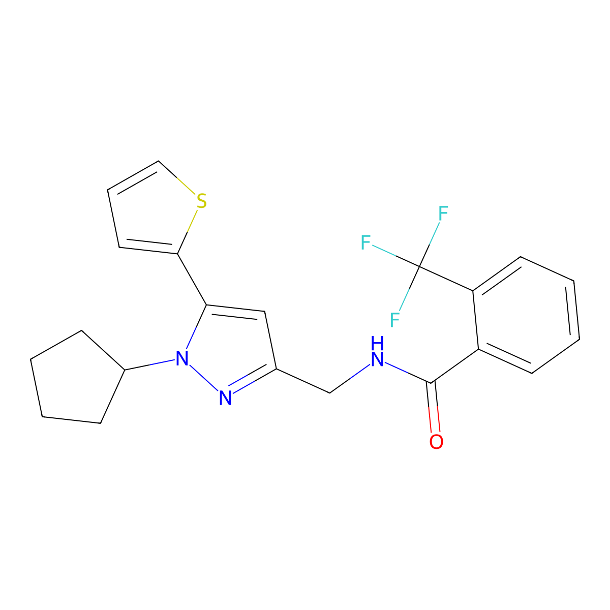 N-((1-cyclopentyl-5-(thiophen-2-yl)-1H-pyrazol-3-yl)methyl)-2-(trifluoromethyl)benzamide molecular structure, CAS 1421513-17-8