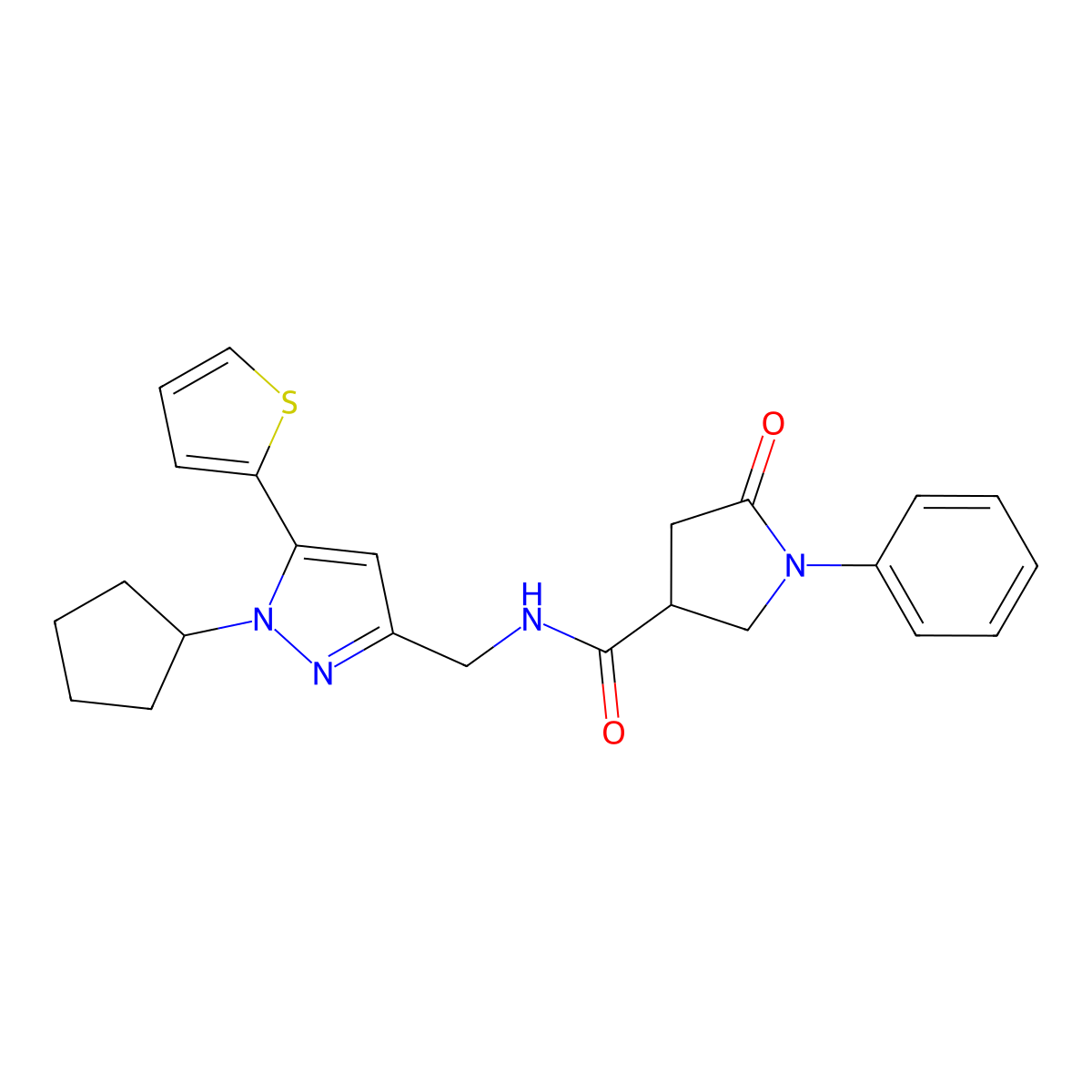 N-((1-cyclopentyl-5-(thiophen-2-yl)-1H-pyrazol-3-yl)methyl)-5-oxo-1-phenylpyrrolidine-3-carboxamide molecular structure, CAS 1421513-22-5