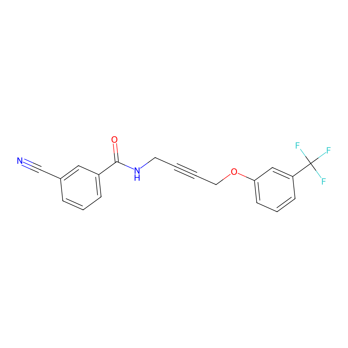 3-cyano-N-(4-(3-(trifluoromethyl)phenoxy)but-2-yn-1-yl)benzamide molecular structure, CAS 1421513-23-6