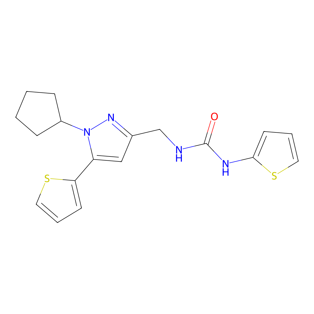 1-((1-cyclopentyl-5-(thiophen-2-yl)-1H-pyrazol-3-yl)methyl)-3-(thiophen-2-yl)urea molecular structure, CAS 1421513-28-1