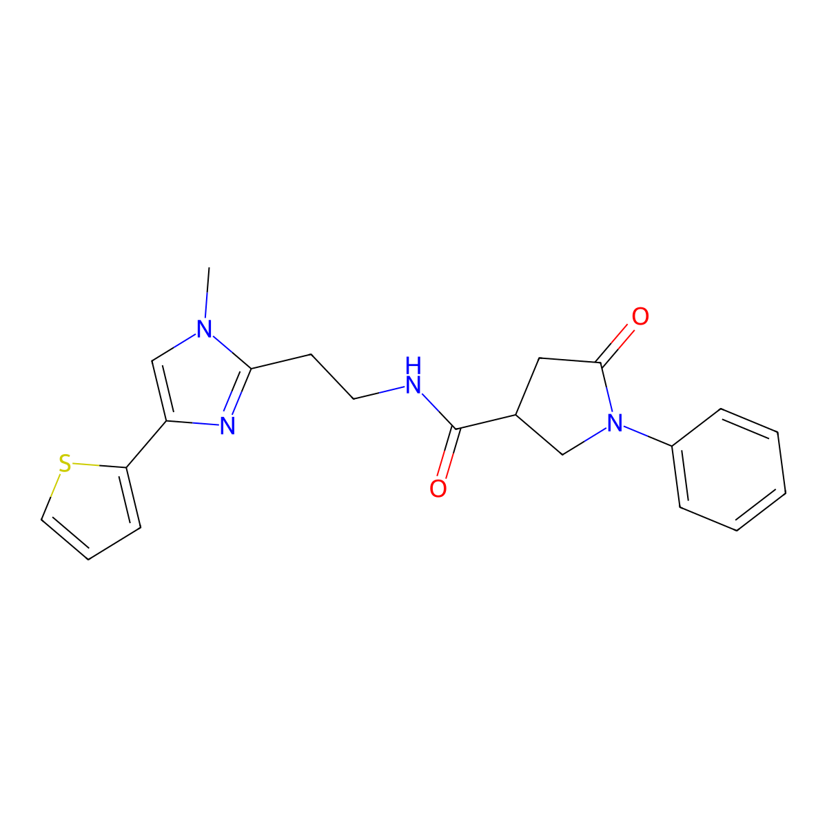 N-(2-(1-methyl-4-(thiophen-2-yl)-1H-imidazol-2-yl)ethyl)-5-oxo-1-phenylpyrrolidine-3-carboxamide molecular structure, CAS 1421513-32-7