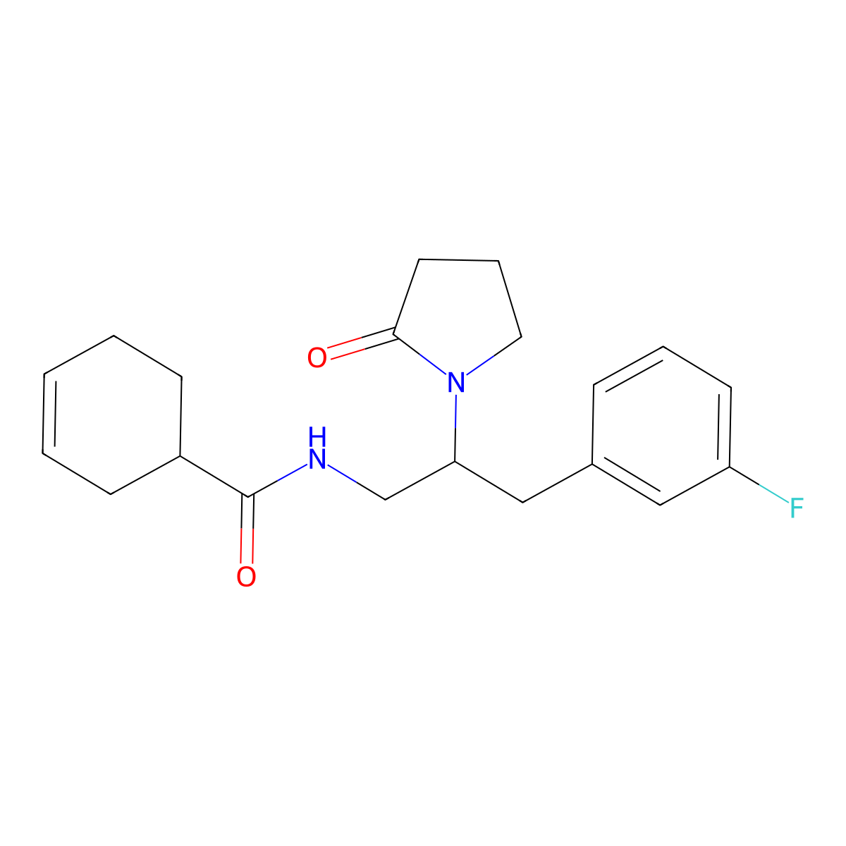 N-(3-(3-fluorophenyl)-2-(2-oxopyrrolidin-1-yl)propyl)cyclohex-3-enecarboxamide molecular structure, CAS 1421513-33-8