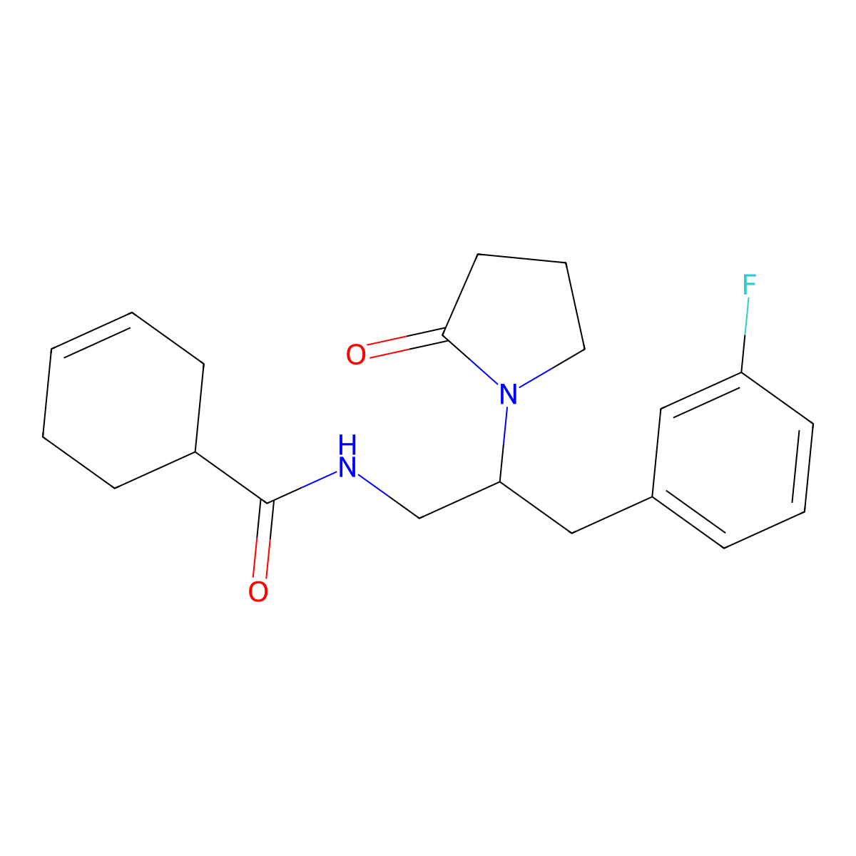 N-(3-(3-fluorophenyl)-2-(2-oxopyrrolidin-1-yl)propyl)cyclohex-3-enecarboxamide molecular structure, CAS 1421513-33-8