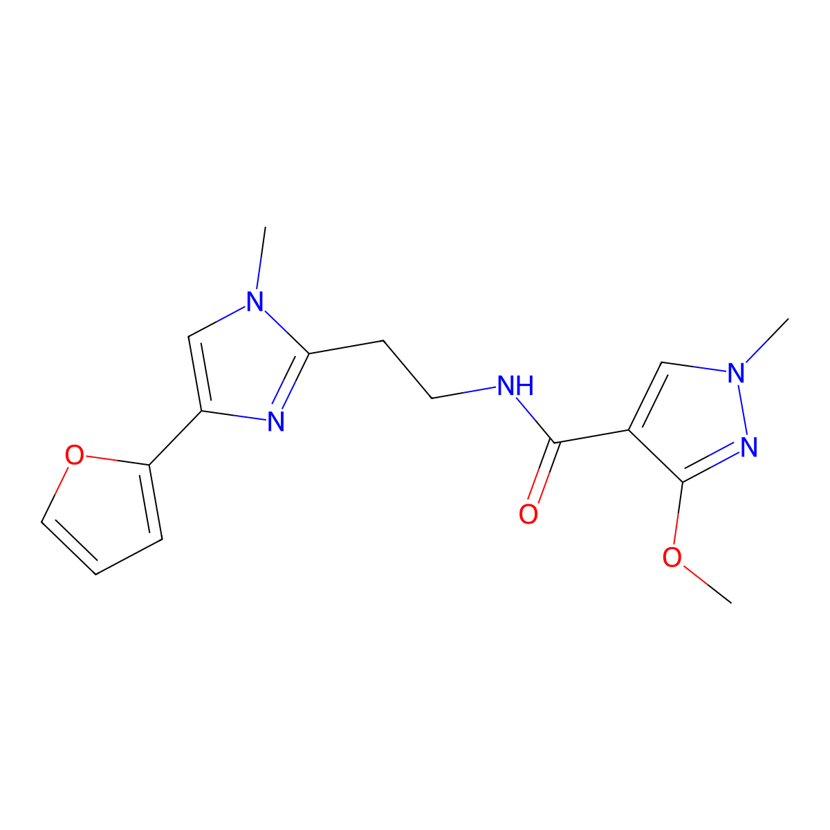 N-(2-(4-(furan-2-yl)-1-methyl-1H-imidazol-2-yl)ethyl)-3-methoxy-1-methyl-1H-pyrazole-4-carboxamide molecular structure, CAS 1421513-41-8