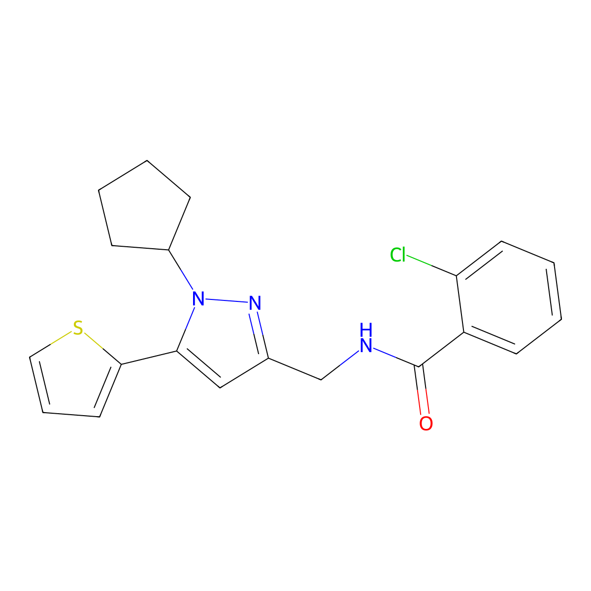2-chloro-N-((1-cyclopentyl-5-(thiophen-2-yl)-1H-pyrazol-3-yl)methyl)benzamide molecular structure, CAS 1421513-43-0