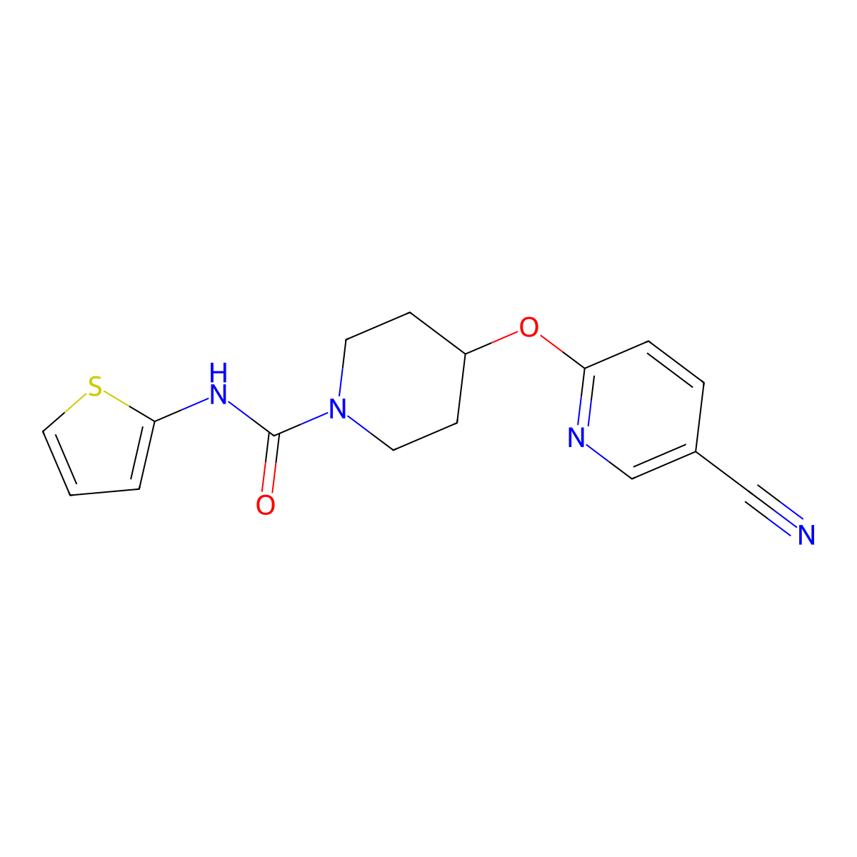 4-((5-cyanopyridin-2-yl)oxy)-N-(thiophen-2-yl)piperidine-1-carboxamide molecular structure, CAS 1421513-46-3