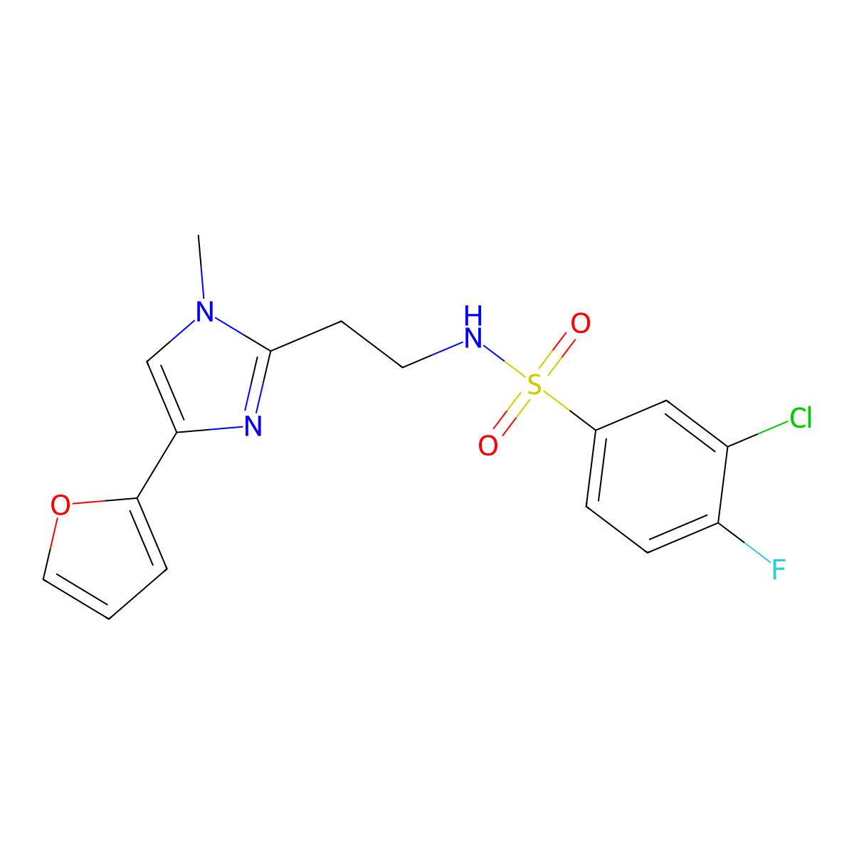 3-chloro-4-fluoro-N-(2-(4-(furan-2-yl)-1-methyl-1H-imidazol-2-yl)ethyl)benzenesulfonamide molecular structure, CAS 1421513-57-6