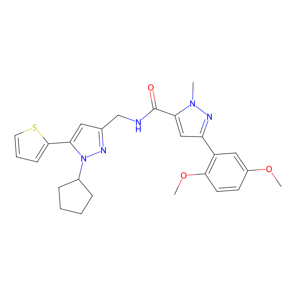N-{[1-cyclopentyl-5-(thiophen-2-yl)-1H-pyrazol-3-yl]methyl}-3-(2,5-dimethoxyphenyl)-1-methyl-1H-pyrazole-5-carboxamide molecular structure, CAS 1421513-59-8