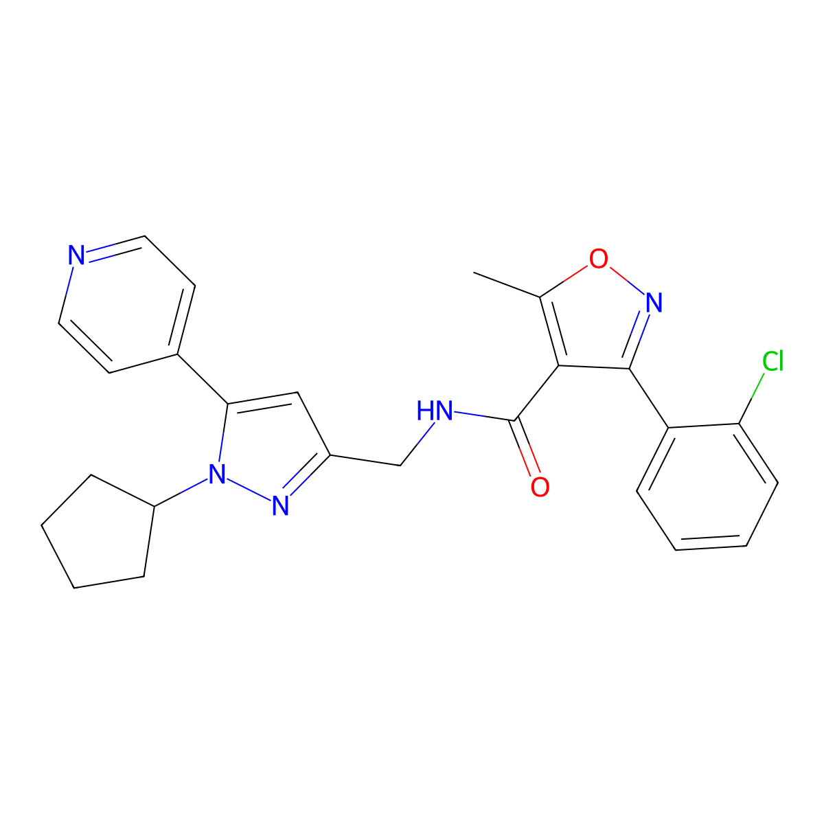 3-(2-chlorophenyl)-N-((1-cyclopentyl-5-(pyridin-4-yl)-1H-pyrazol-3-yl)methyl)-5-methylisoxazole-4-carboxamide molecular structure, CAS 1421513-62-3