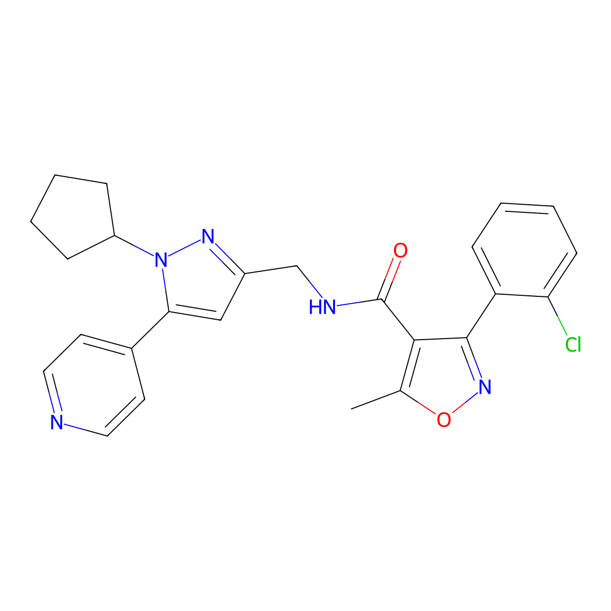 3-(2-chlorophenyl)-N-((1-cyclopentyl-5-(pyridin-4-yl)-1H-pyrazol-3-yl)methyl)-5-methylisoxazole-4-carboxamide molecular structure, CAS 1421513-62-3