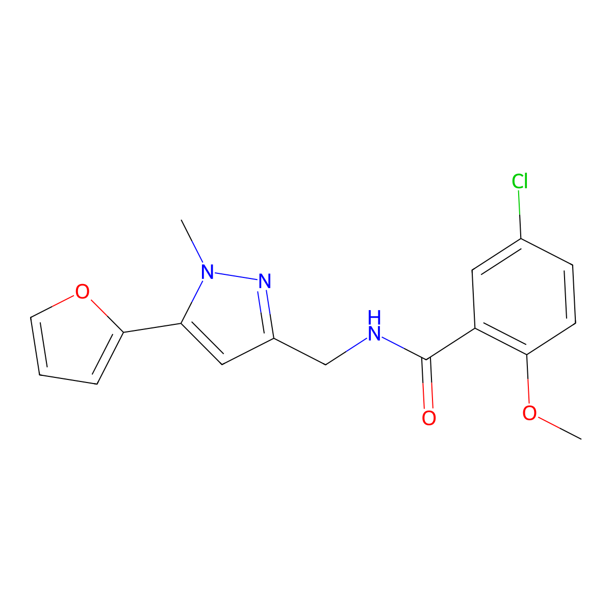 5-chloro-N-((5-(furan-2-yl)-1-methyl-1H-pyrazol-3-yl)methyl)-2-methoxybenzamide molecular structure, CAS 1421513-64-5