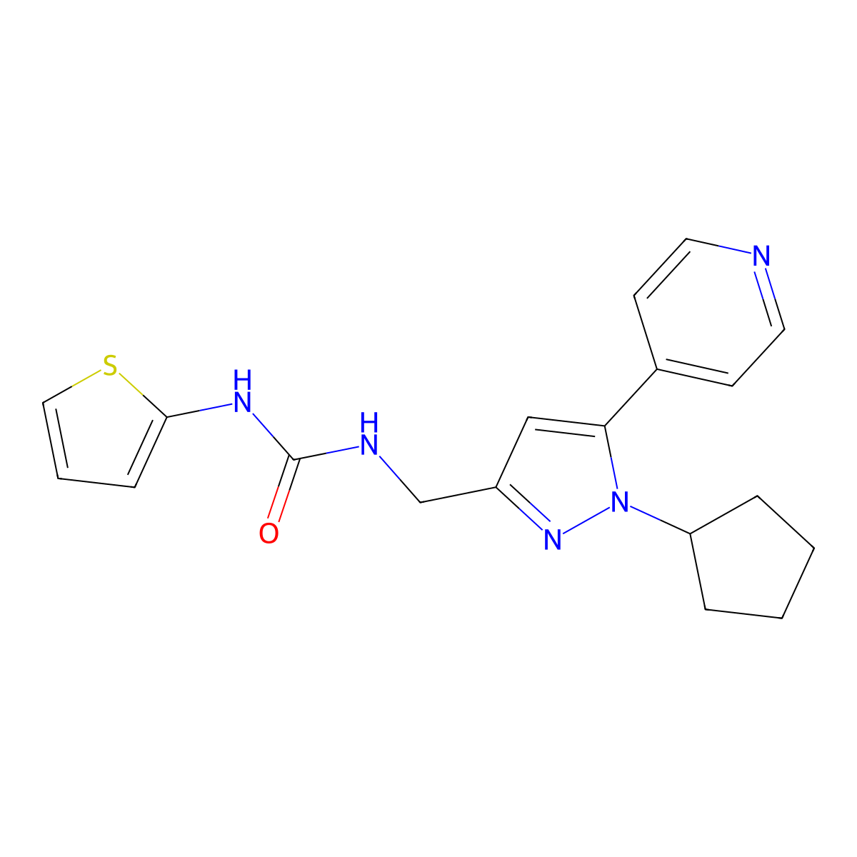 1-((1-cyclopentyl-5-(pyridin-4-yl)-1H-pyrazol-3-yl)methyl)-3-(thiophen-2-yl)urea molecular structure, CAS 1421513-69-0