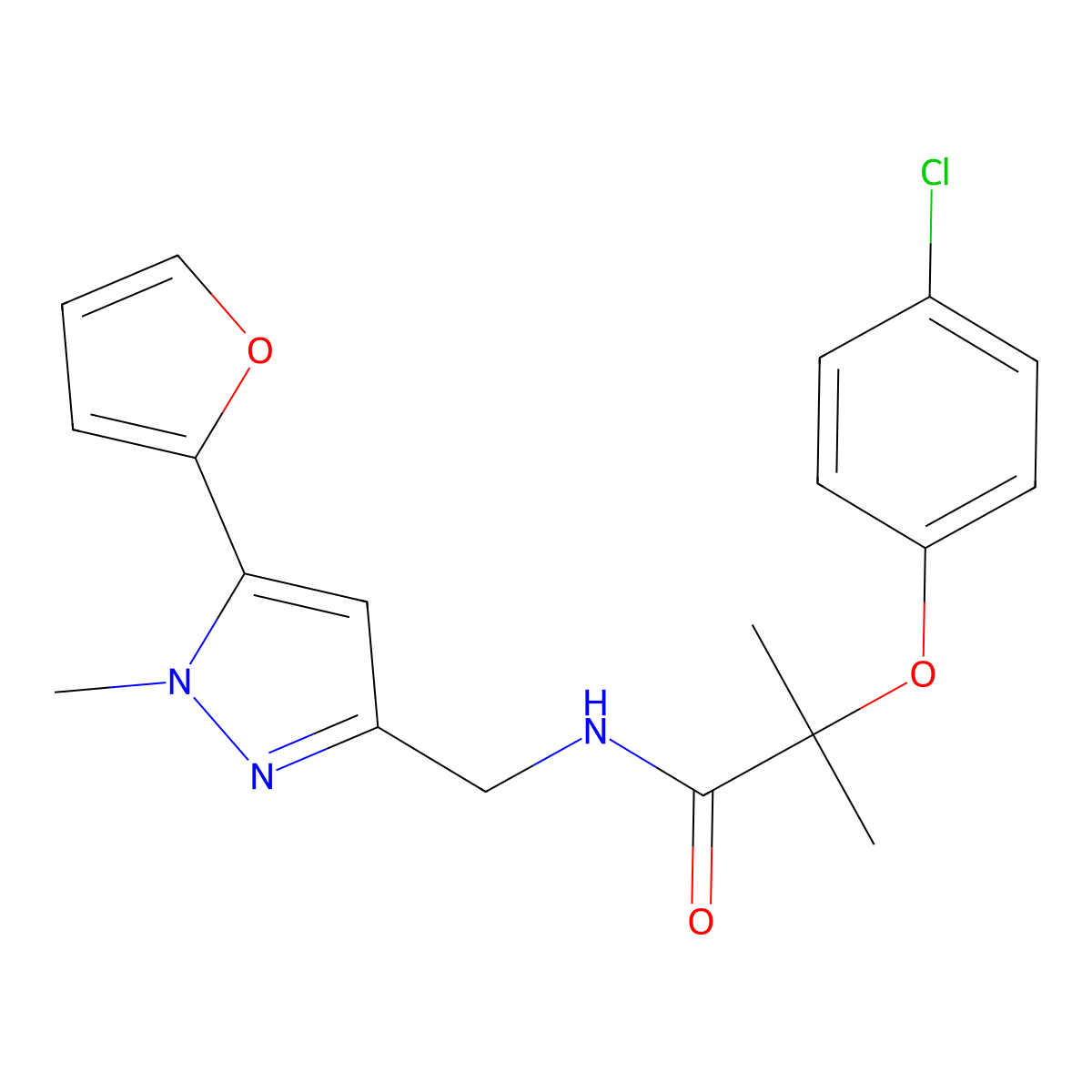 2-(4-chlorophenoxy)-N-((5-(furan-2-yl)-1-methyl-1H-pyrazol-3-yl)methyl)-2-methylpropanamide molecular structure, CAS 1421513-71-4