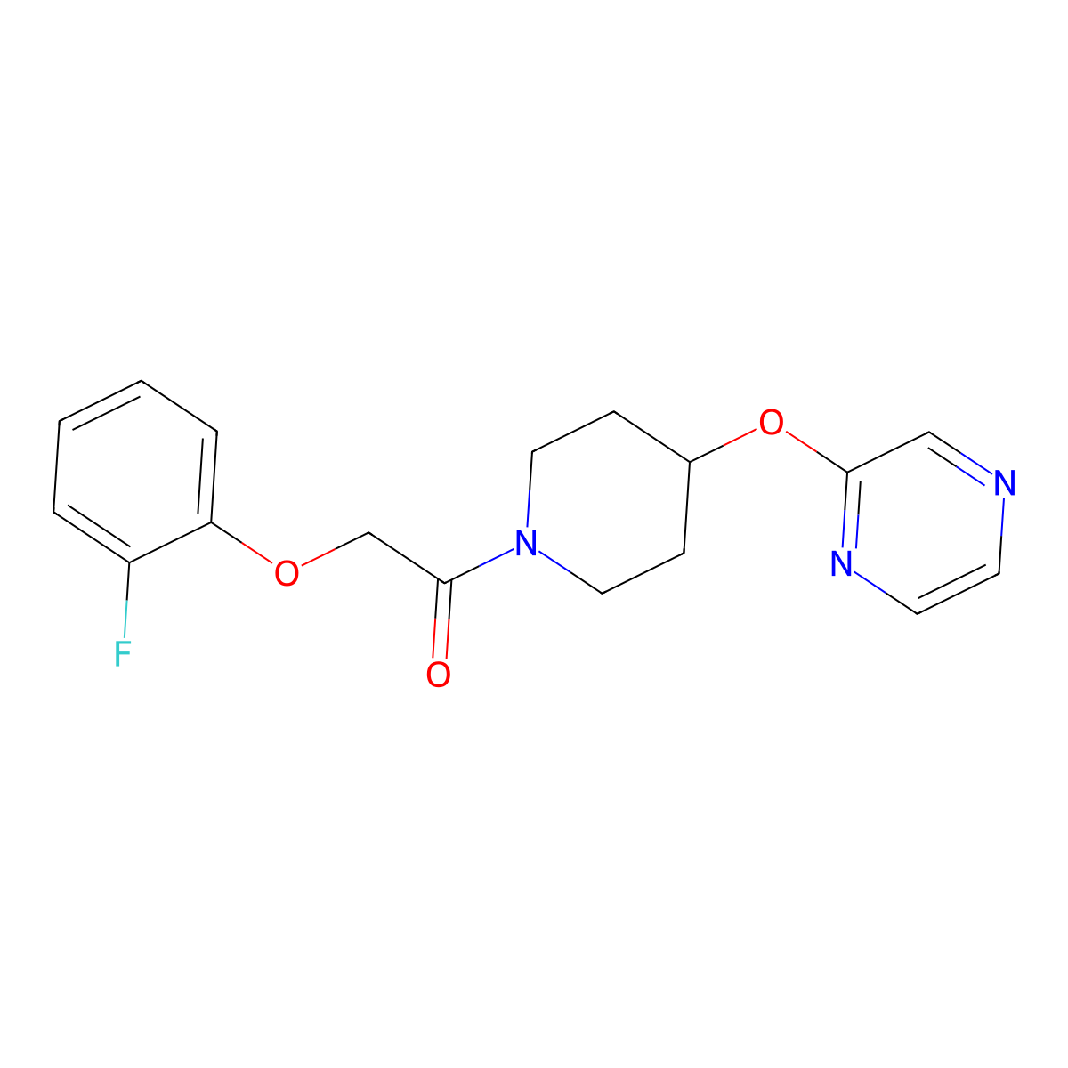 2-(2-Fluorophenoxy)-1-(4-(pyrazin-2-yloxy)piperidin-1-yl)ethanone molecular structure, CAS 1421513-75-8