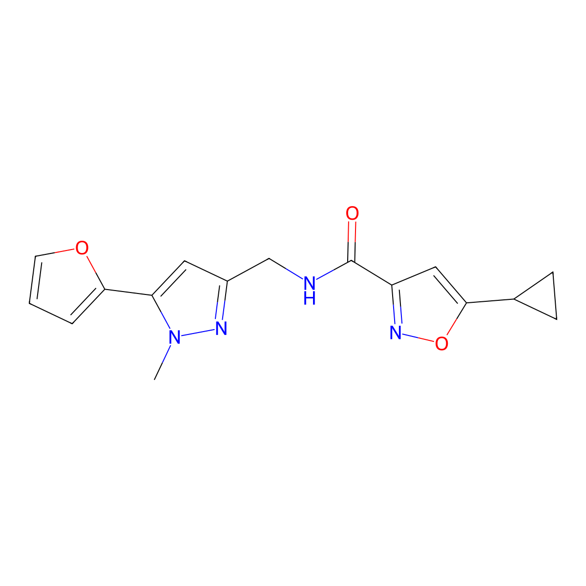 5-cyclopropyl-N-((5-(furan-2-yl)-1-methyl-1H-pyrazol-3-yl)methyl)isoxazole-3-carboxamide molecular structure, CAS 1421513-77-0