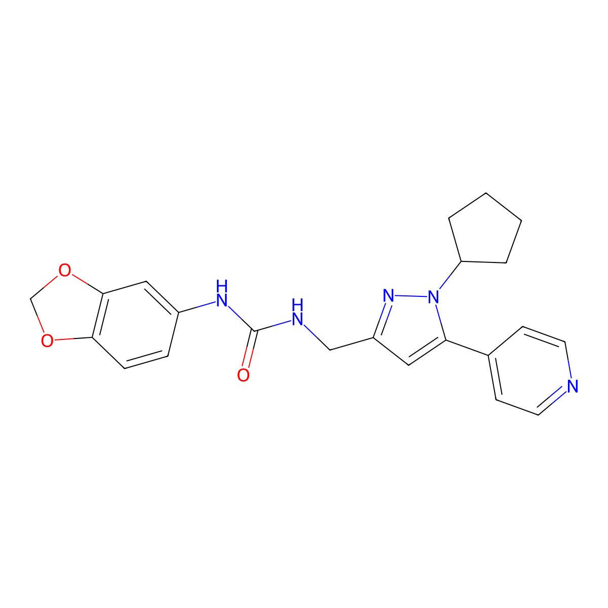 1-(benzo[d][1,3]dioxol-5-yl)-3-((1-cyclopentyl-5-(pyridin-4-yl)-1H-pyrazol-3-yl)methyl)urea molecular structure, CAS 1421513-80-5
