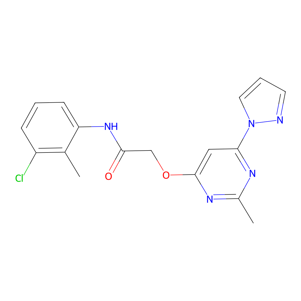 N-(3-chloro-2-methylphenyl)-2-((2-methyl-6-(1H-pyrazol-1-yl)pyrimidin-4-yl)oxy)acetamide molecular structure, CAS 1421513-89-4