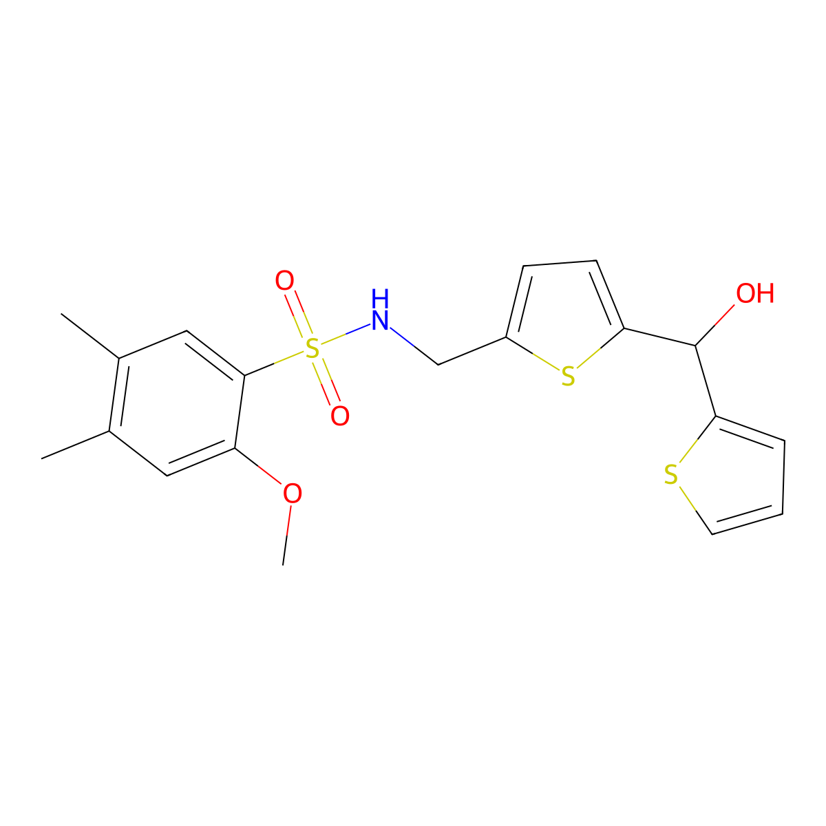 N-({5-[hydroxy(thiophen-2-yl)methyl]thiophen-2-yl}methyl)-2-methoxy-4,5-dimethylbenzene-1-sulfonamide molecular structure, CAS 1421513-96-3