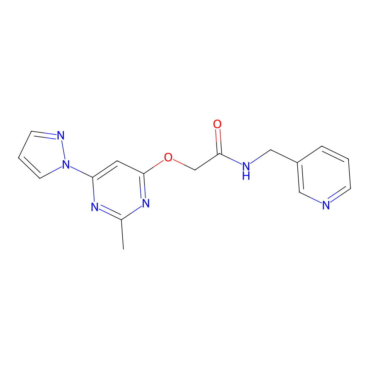 2-((2-methyl-6-(1H-pyrazol-1-yl)pyrimidin-4-yl)oxy)-N-(pyridin-3-ylmethyl)acetamide molecular structure, CAS 1421513-99-6