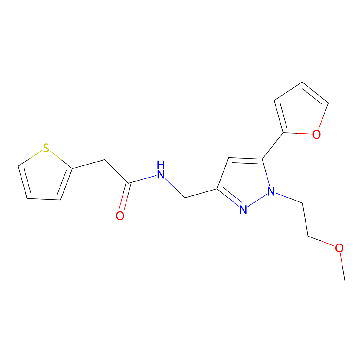 N-{[5-(furan-2-yl)-1-(2-methoxyethyl)-1H-pyrazol-3-yl]methyl}-2-(thiophen-2-yl)acetamide molecular structure, CAS 1421514-06-8