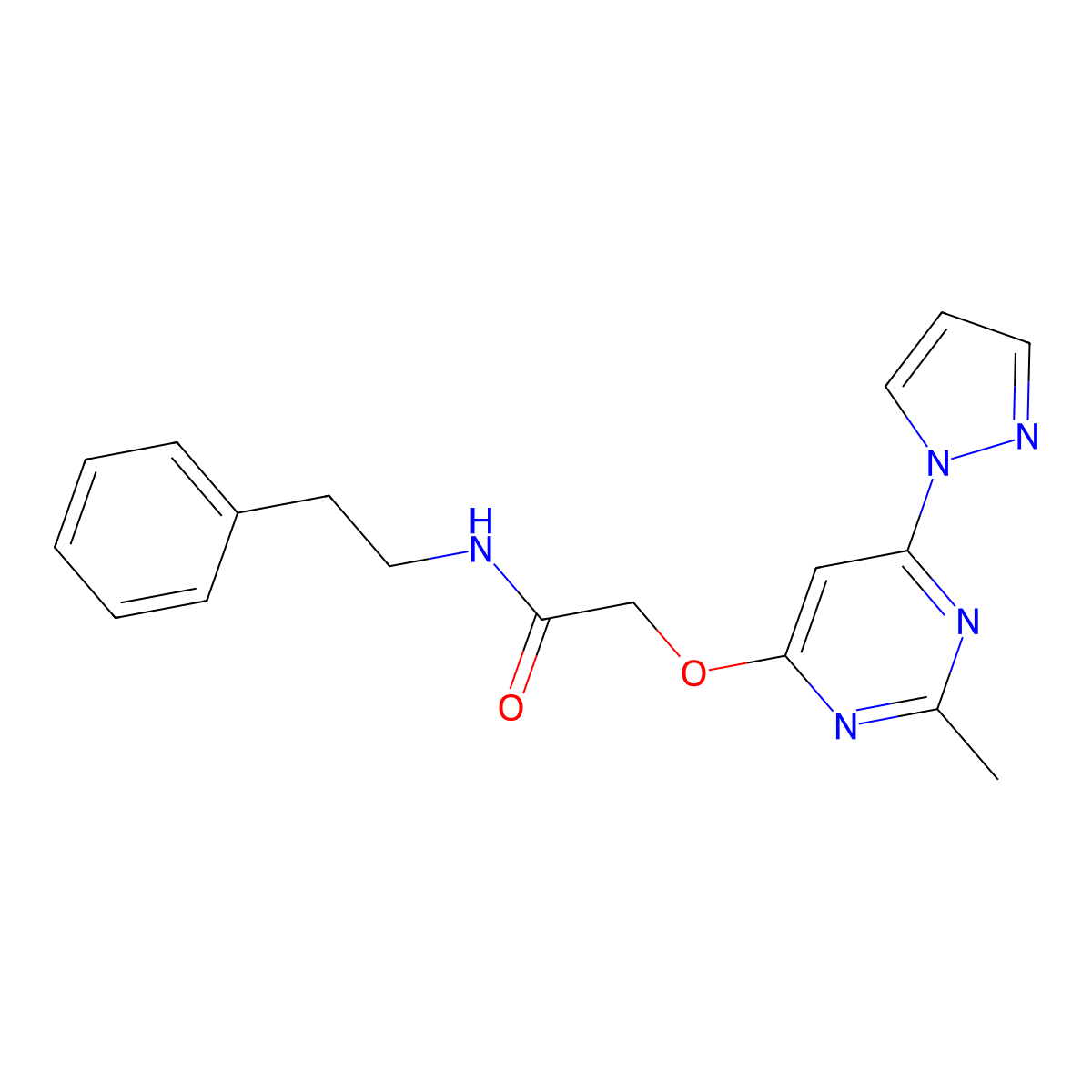 2-((2-methyl-6-(1H-pyrazol-1-yl)pyrimidin-4-yl)oxy)-N-phenethylacetamide molecular structure, CAS 1421514-10-4