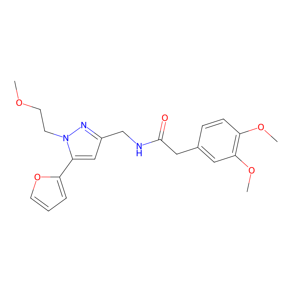 2-(3,4-dimethoxyphenyl)-N-((5-(furan-2-yl)-1-(2-methoxyethyl)-1H-pyrazol-3-yl)methyl)acetamide molecular structure, CAS 1421514-13-7