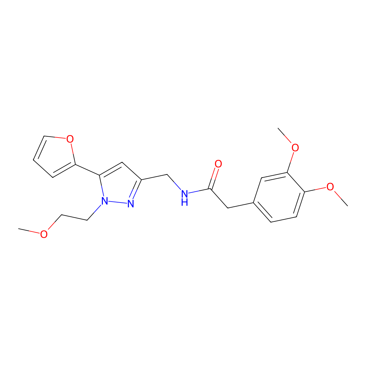 2-(3,4-dimethoxyphenyl)-N-((5-(furan-2-yl)-1-(2-methoxyethyl)-1H-pyrazol-3-yl)methyl)acetamide molecular structure, CAS 1421514-13-7
