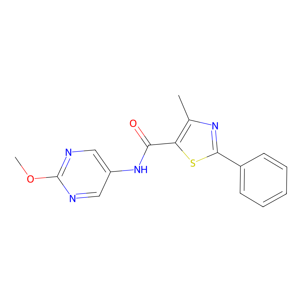 N-(2-methoxypyrimidin-5-yl)-4-methyl-2-phenylthiazole-5-carboxamide molecular structure, CAS 1421514-26-2