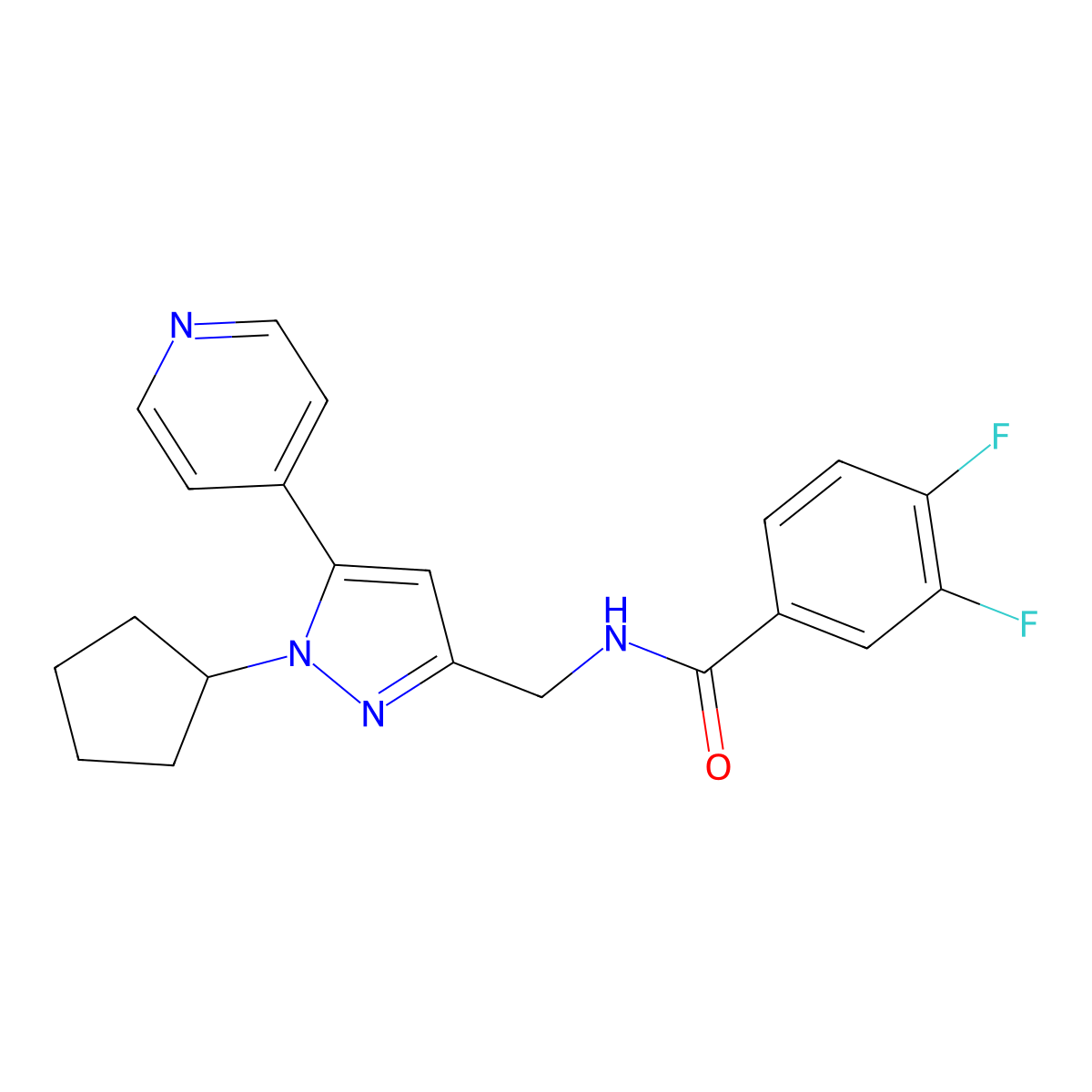 N-{[1-cyclopentyl-5-(pyridin-4-yl)-1H-pyrazol-3-yl]methyl}-3,4-difluorobenzamide molecular structure, CAS 1421514-35-3