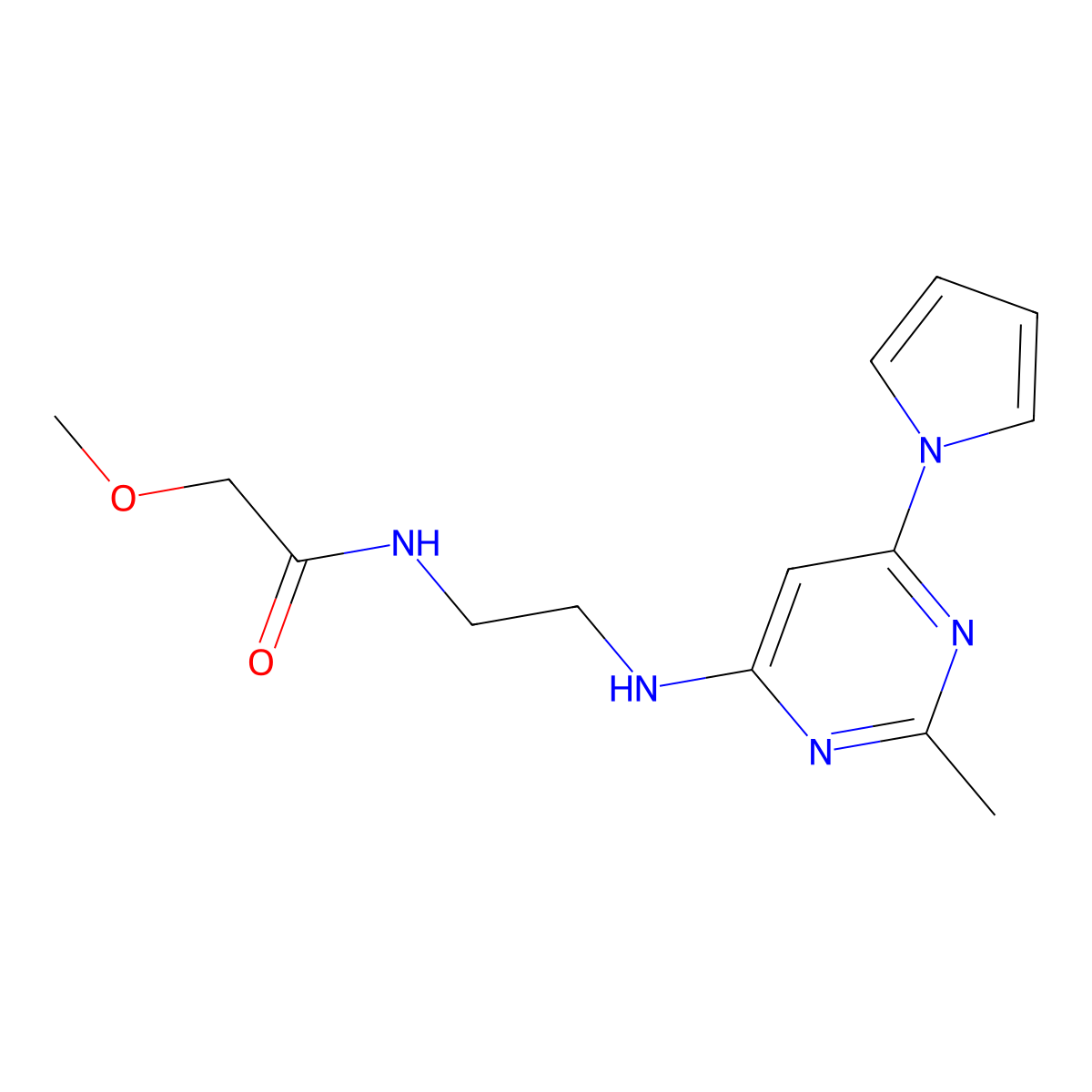 2-methoxy-N-(2-((2-methyl-6-(1H-pyrrol-1-yl)pyrimidin-4-yl)amino)ethyl)acetamide molecular structure, CAS 1421514-41-1