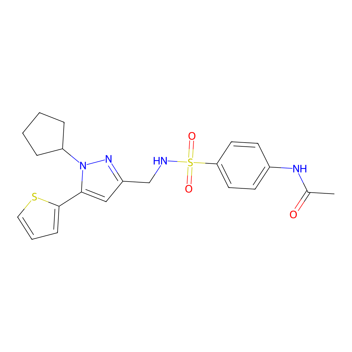 N-(4-(N-((1-cyclopentyl-5-(thiophen-2-yl)-1H-pyrazol-3-yl)methyl)sulfamoyl)phenyl)acetamide molecular structure, CAS 1421514-45-5