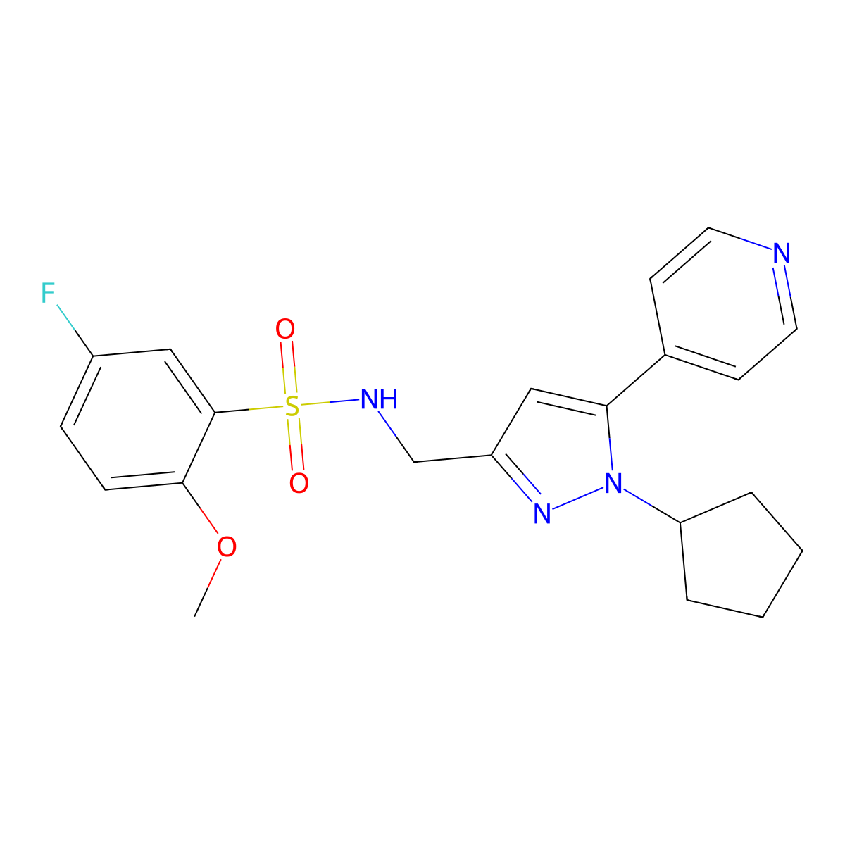N-((1-cyclopentyl-5-(pyridin-4-yl)-1H-pyrazol-3-yl)methyl)-5-fluoro-2-methoxybenzenesulfonamide molecular structure, CAS 1421514-53-5
