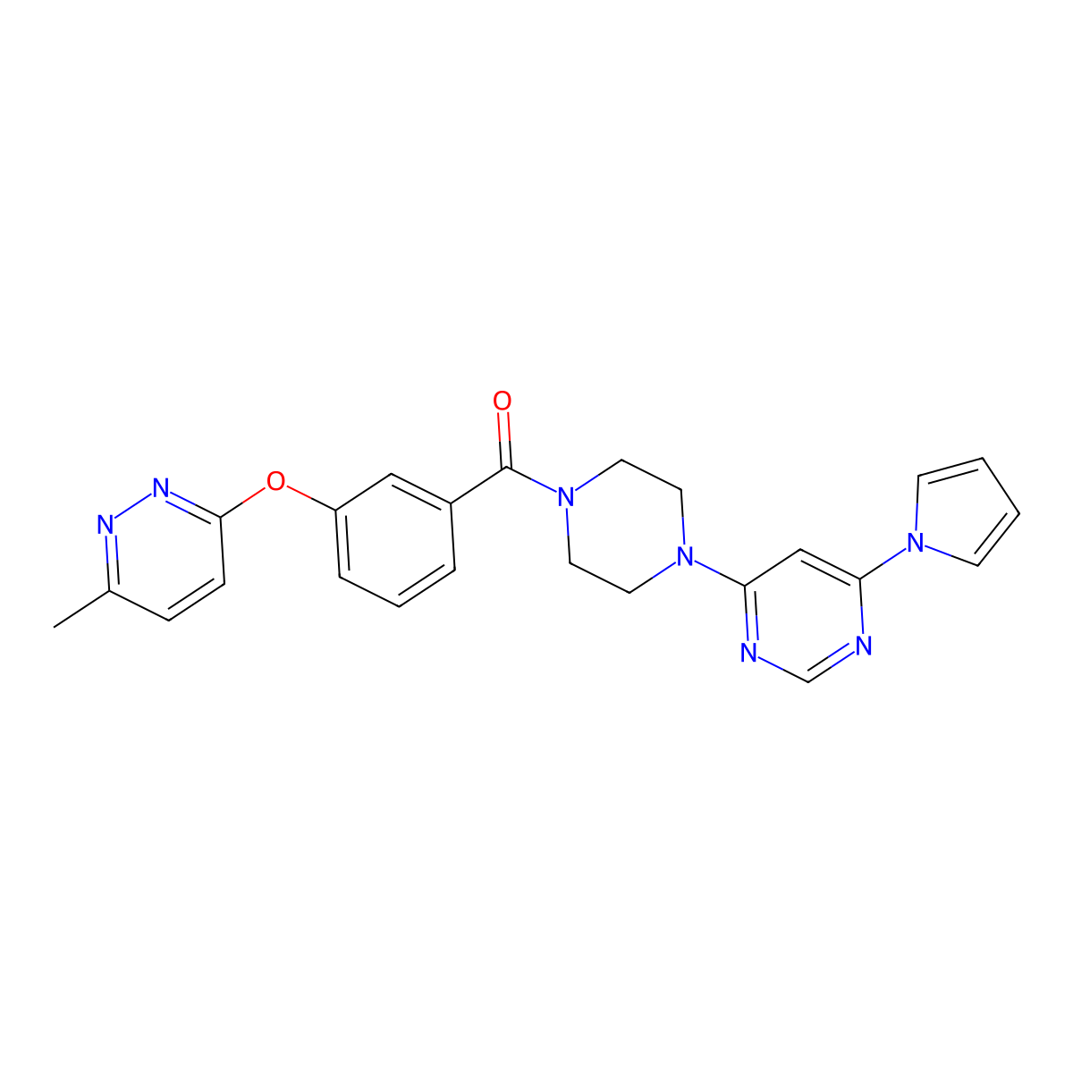 (4-(6-(1H-pyrrol-1-yl)pyrimidin-4-yl)piperazin-1-yl)(3-((6-methylpyridazin-3-yl)oxy)phenyl)methanone molecular structure, CAS 1421514-57-9