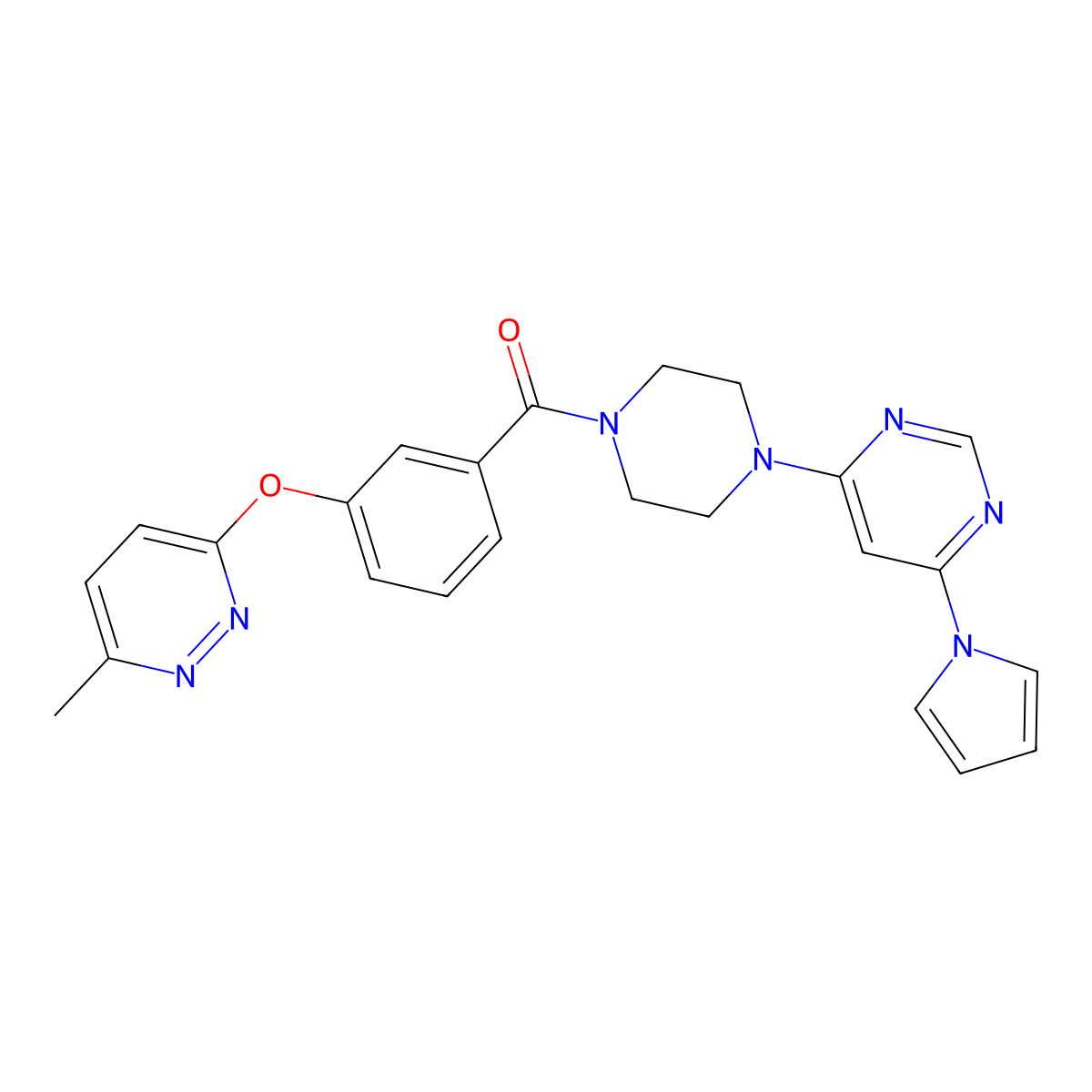 (4-(6-(1H-pyrrol-1-yl)pyrimidin-4-yl)piperazin-1-yl)(3-((6-methylpyridazin-3-yl)oxy)phenyl)methanone molecular structure, CAS 1421514-57-9
