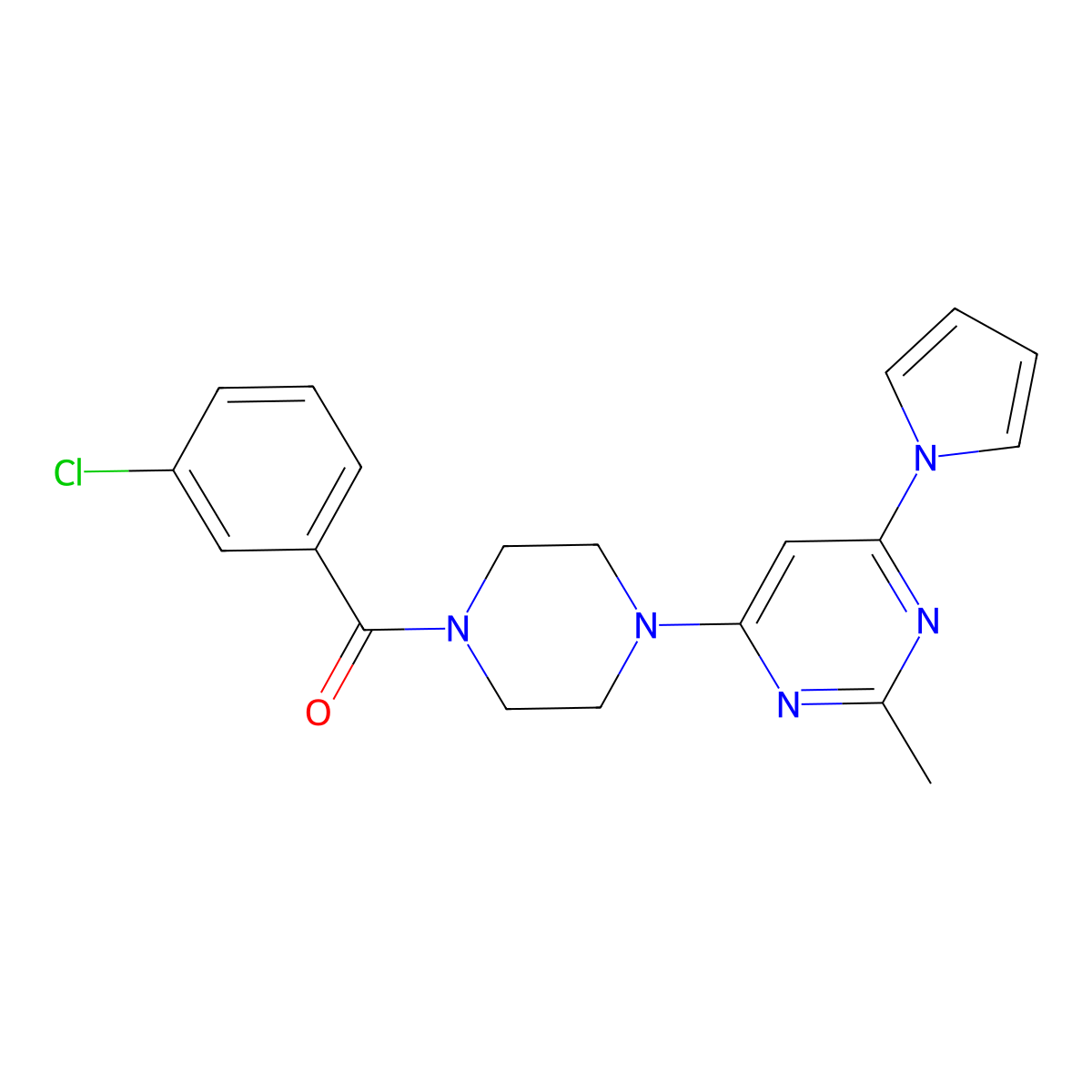 (3-chlorophenyl)(4-(2-methyl-6-(1H-pyrrol-1-yl)pyrimidin-4-yl)piperazin-1-yl)methanone molecular structure, CAS 1421514-69-3