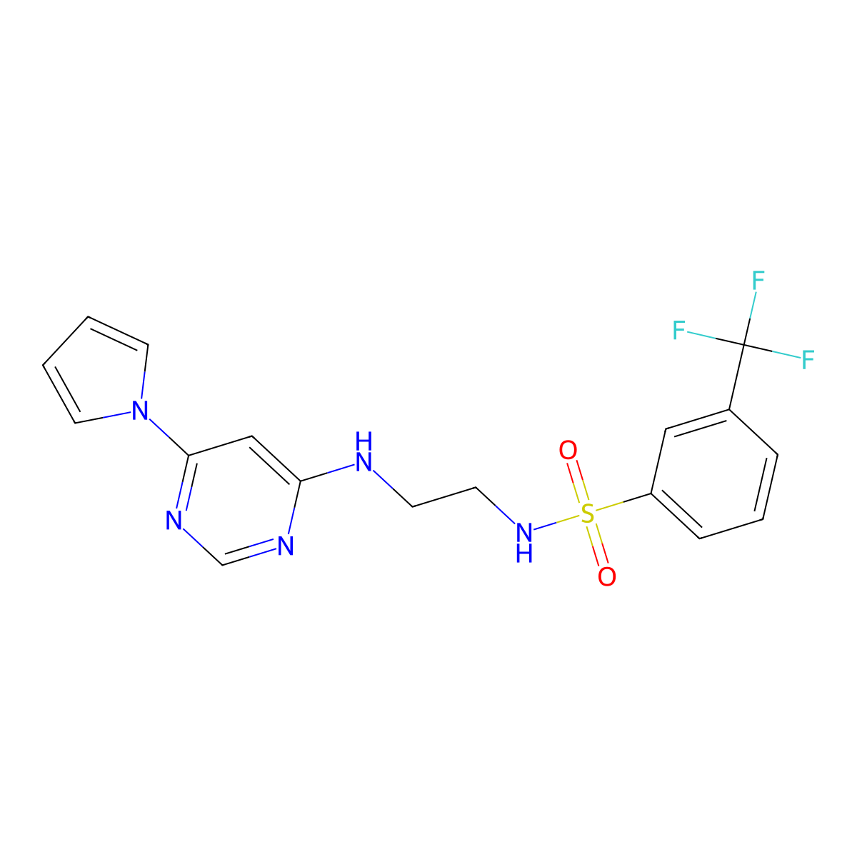 N-(2-((6-(1H-pyrrol-1-yl)pyrimidin-4-yl)amino)ethyl)-3-(trifluoromethyl)benzenesulfonamide molecular structure, CAS 1421514-74-0
