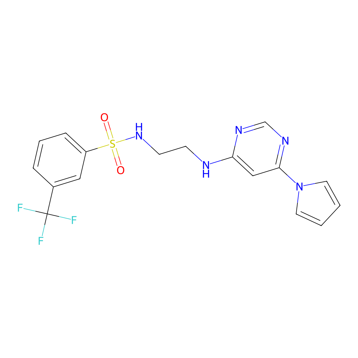 N-(2-((6-(1H-pyrrol-1-yl)pyrimidin-4-yl)amino)ethyl)-3-(trifluoromethyl)benzenesulfonamide molecular structure, CAS 1421514-74-0
