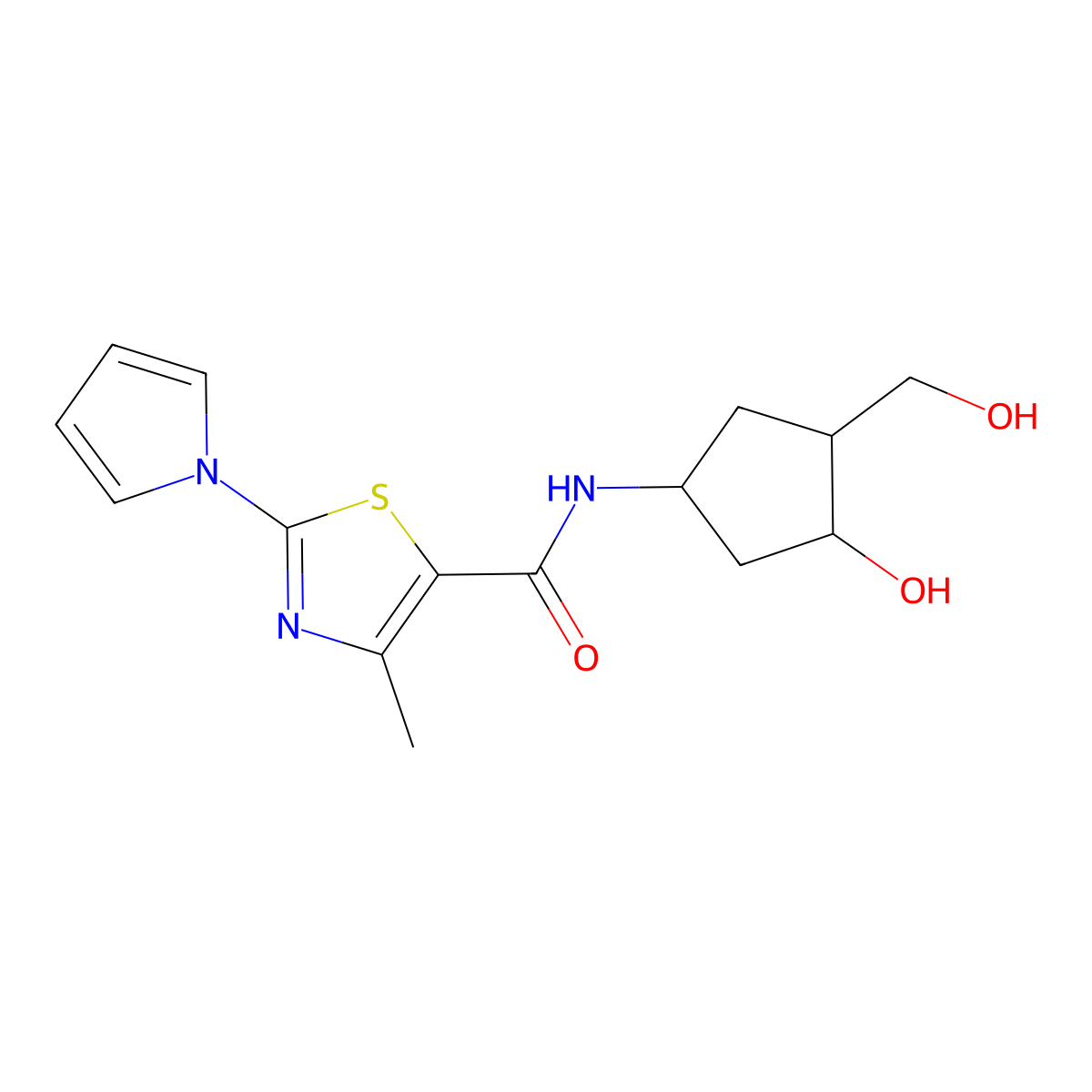 N-(3-hydroxy-4-(hydroxymethyl)cyclopentyl)-4-methyl-2-(1H-pyrrol-1-yl)thiazole-5-carboxamide molecular structure, CAS 1421514-91-1