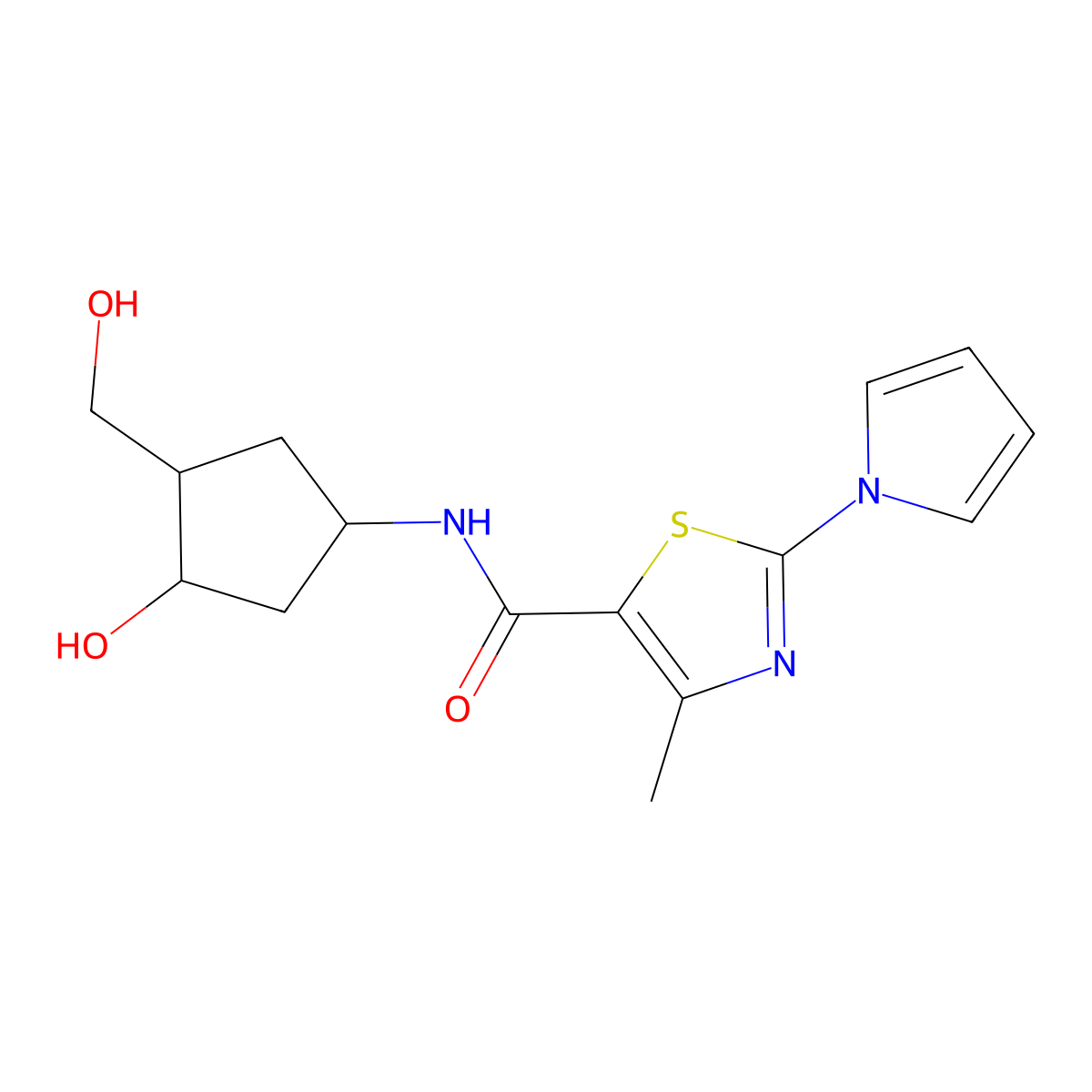 N-(3-hydroxy-4-(hydroxymethyl)cyclopentyl)-4-methyl-2-(1H-pyrrol-1-yl)thiazole-5-carboxamide molecular structure, CAS 1421514-91-1