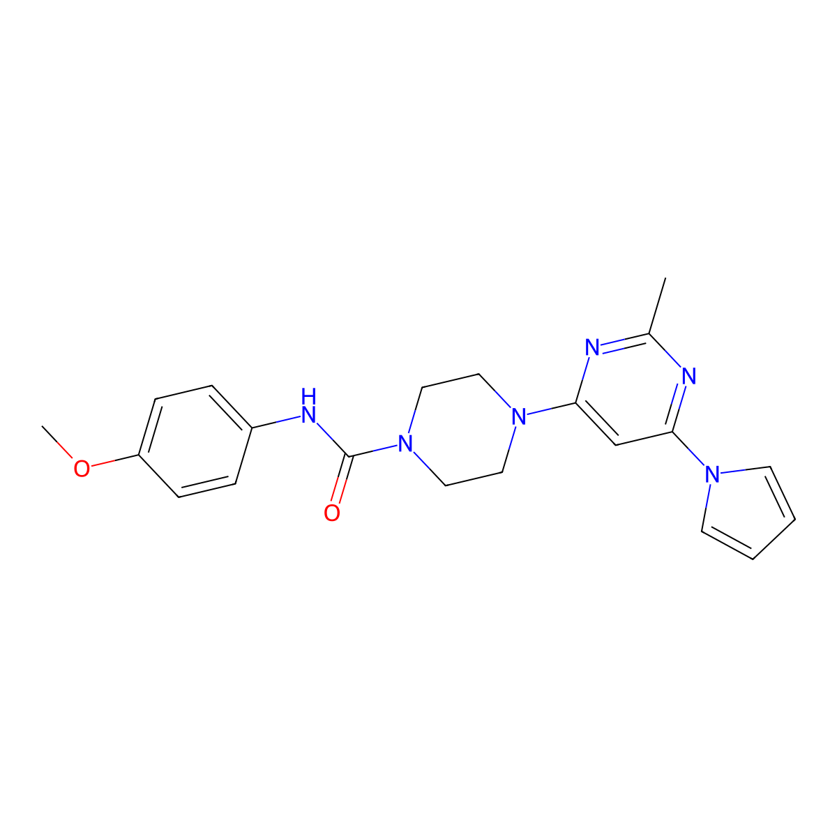 N-(4-methoxyphenyl)-4-(2-methyl-6-(1H-pyrrol-1-yl)pyrimidin-4-yl)piperazine-1-carboxamide molecular structure, CAS 1421515-03-8