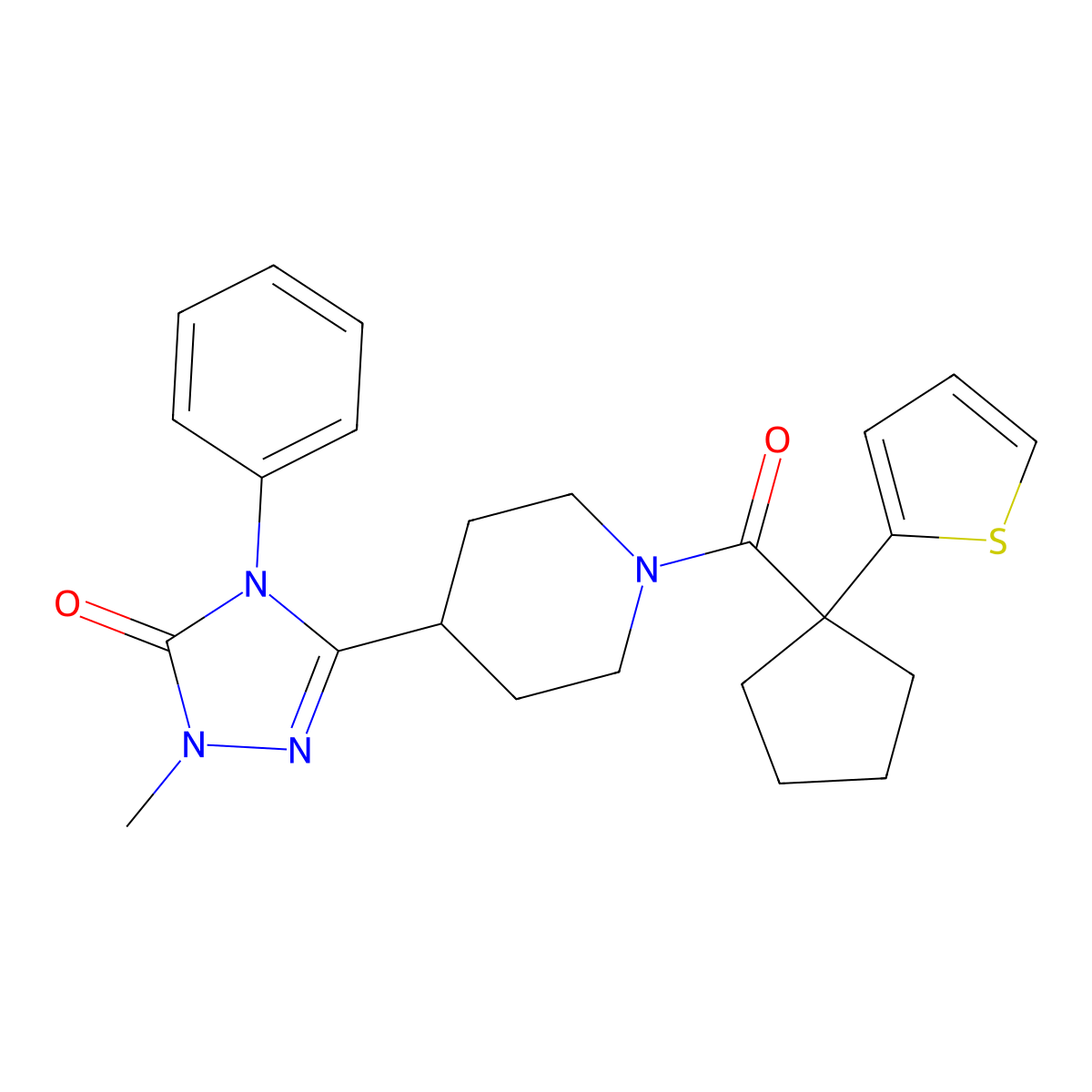 1-methyl-4-phenyl-3-(1-(1-(thiophen-2-yl)cyclopentanecarbonyl)piperidin-4-yl)-1H-1,2,4-triazol-5(4H)-one molecular structure, CAS 1421515-06-1