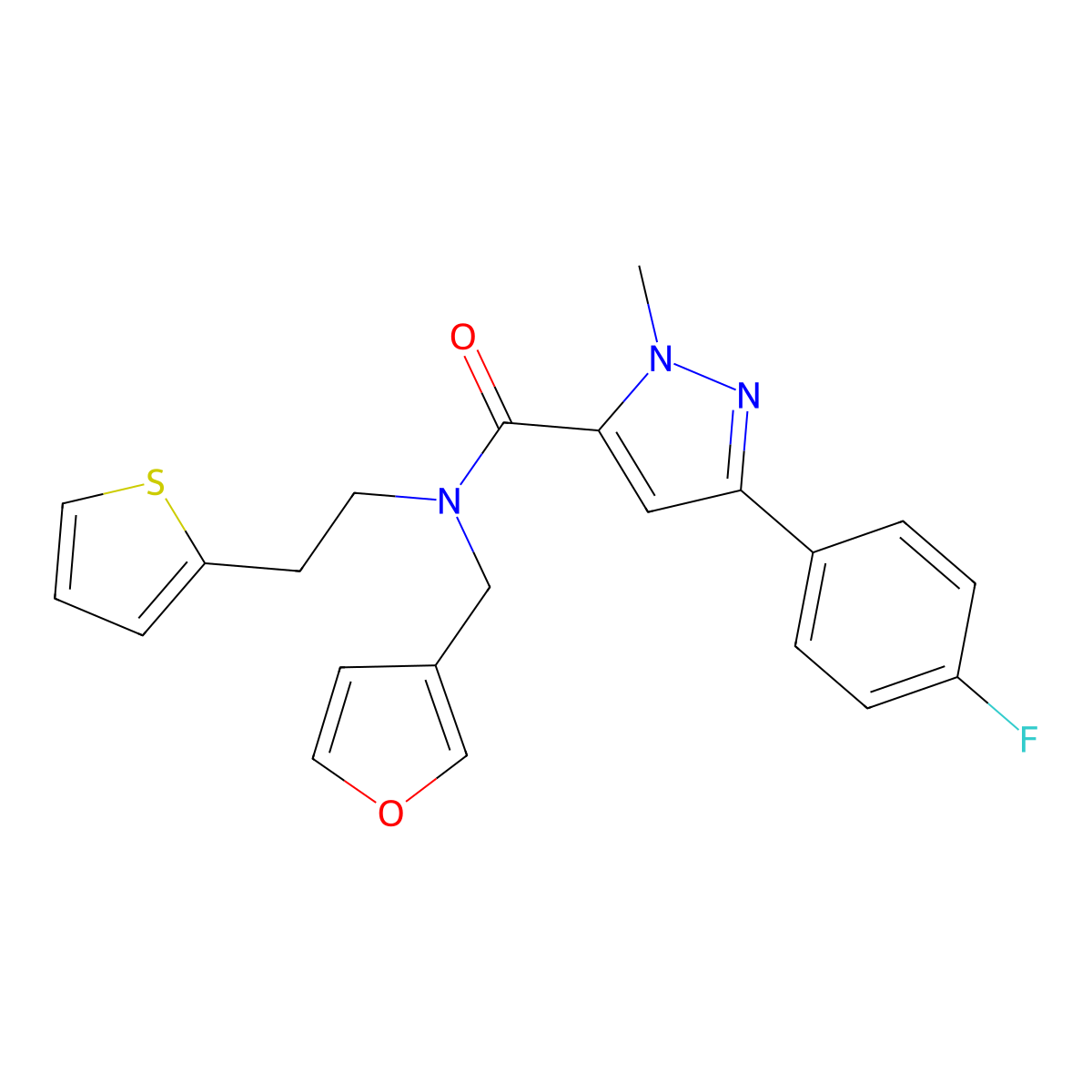 3-(4-fluorophenyl)-N-(furan-3-ylmethyl)-1-methyl-N-(2-(thiophen-2-yl)ethyl)-1H-pyrazole-5-carboxamide molecular structure, CAS 1421515-07-2