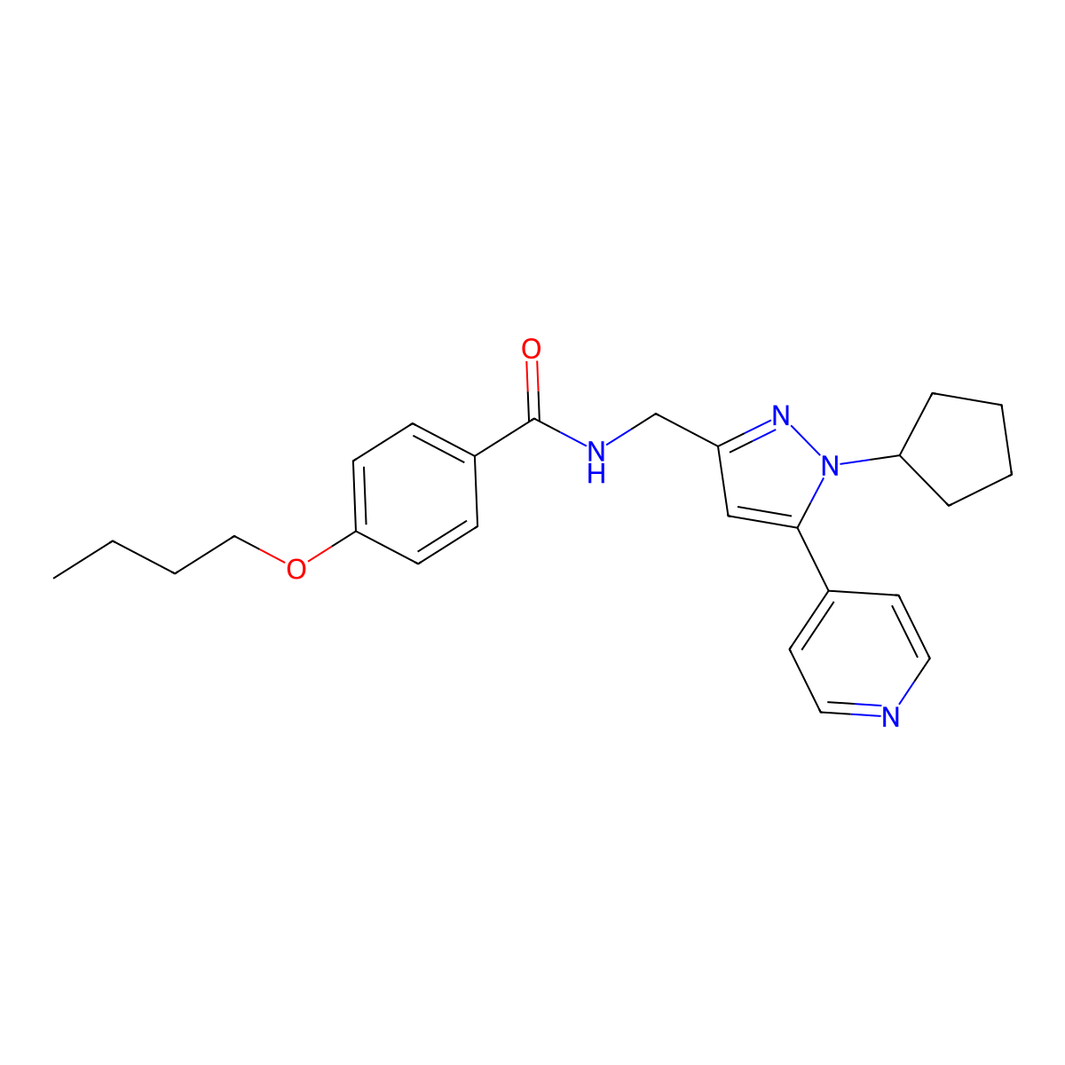4-butoxy-N-{[1-cyclopentyl-5-(pyridin-4-yl)-1H-pyrazol-3-yl]methyl}benzamide molecular structure, CAS 1421515-10-7